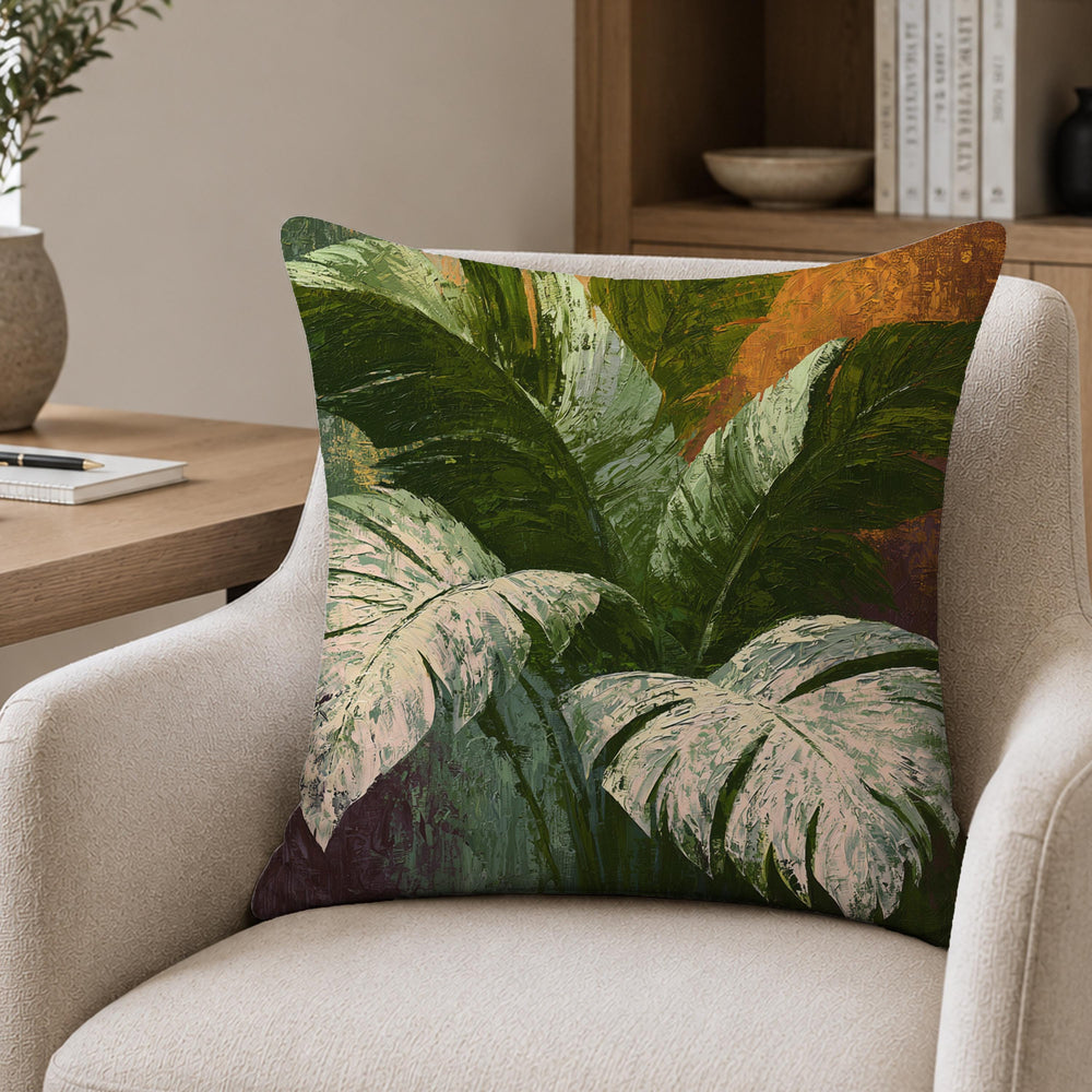 Monstera Botanical Throw Pillow, Tropical Leaf Cushion Cover, Moody Pillowcase, Elegant Jungle Decor, Modern Coastal Outdoor Pillow