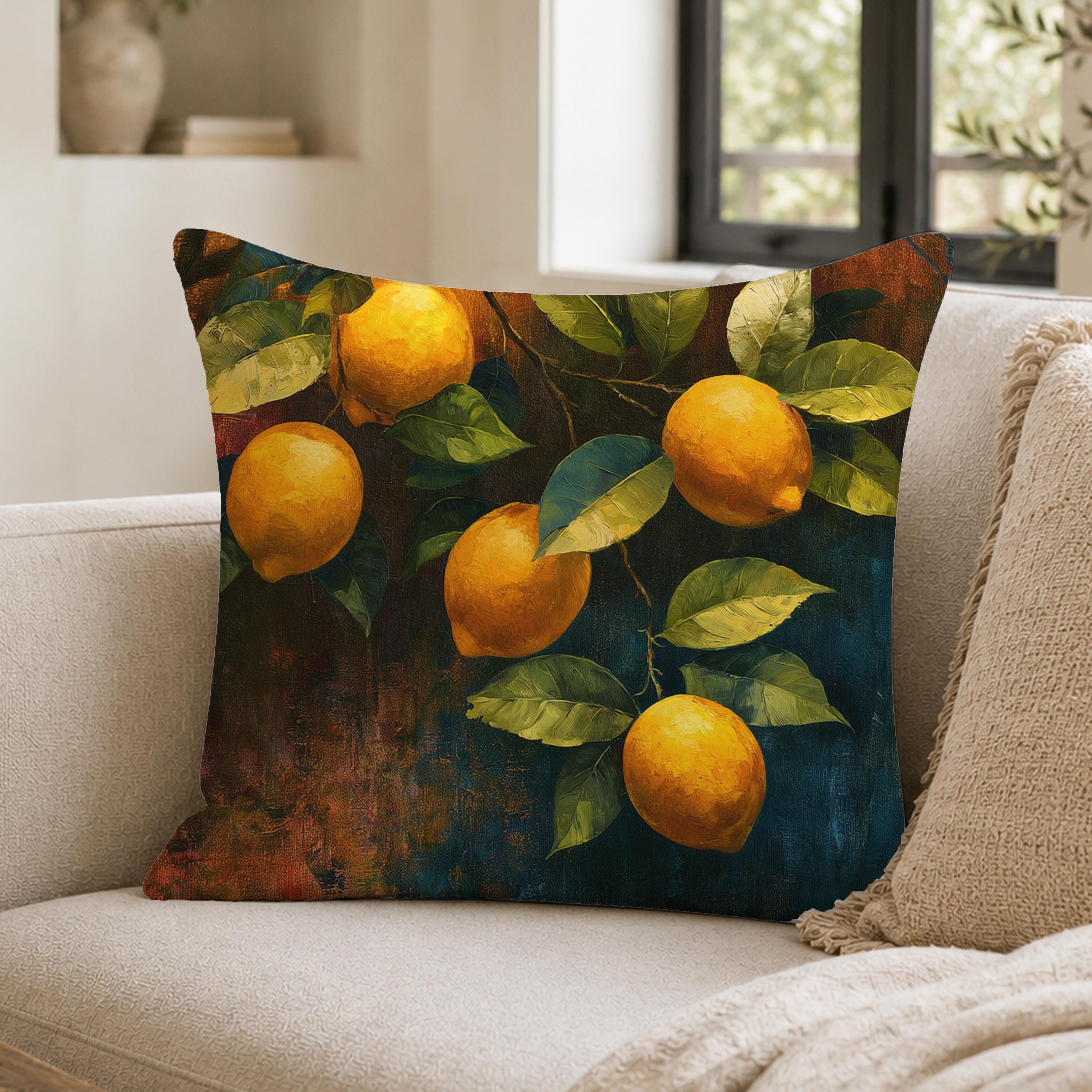 Lemon Branch Throw Pillow, Citrus Botanical Cushion Cover, Moody Mediterranean Pillowcase, Rustic Outdoor Pillow, Kitchen Decor Accent