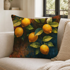 Lemon Branch Throw Pillow, Citrus Botanical Cushion Cover, Moody Mediterranean Pillowcase, Rustic Outdoor Pillow, Kitchen Decor Accent