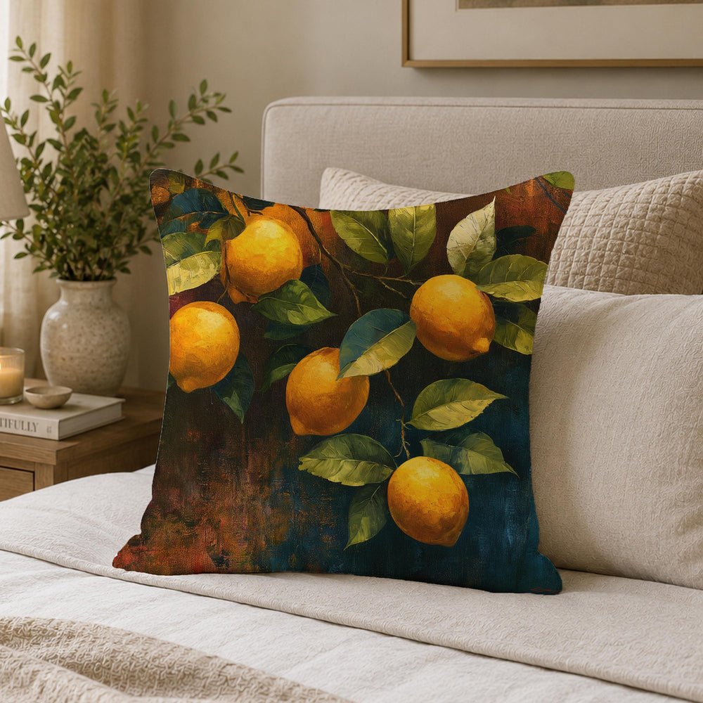 Lemon Branch Throw Pillow, Citrus Botanical Cushion Cover, Moody Mediterranean Pillowcase, Rustic Outdoor Pillow, Kitchen Decor Accent