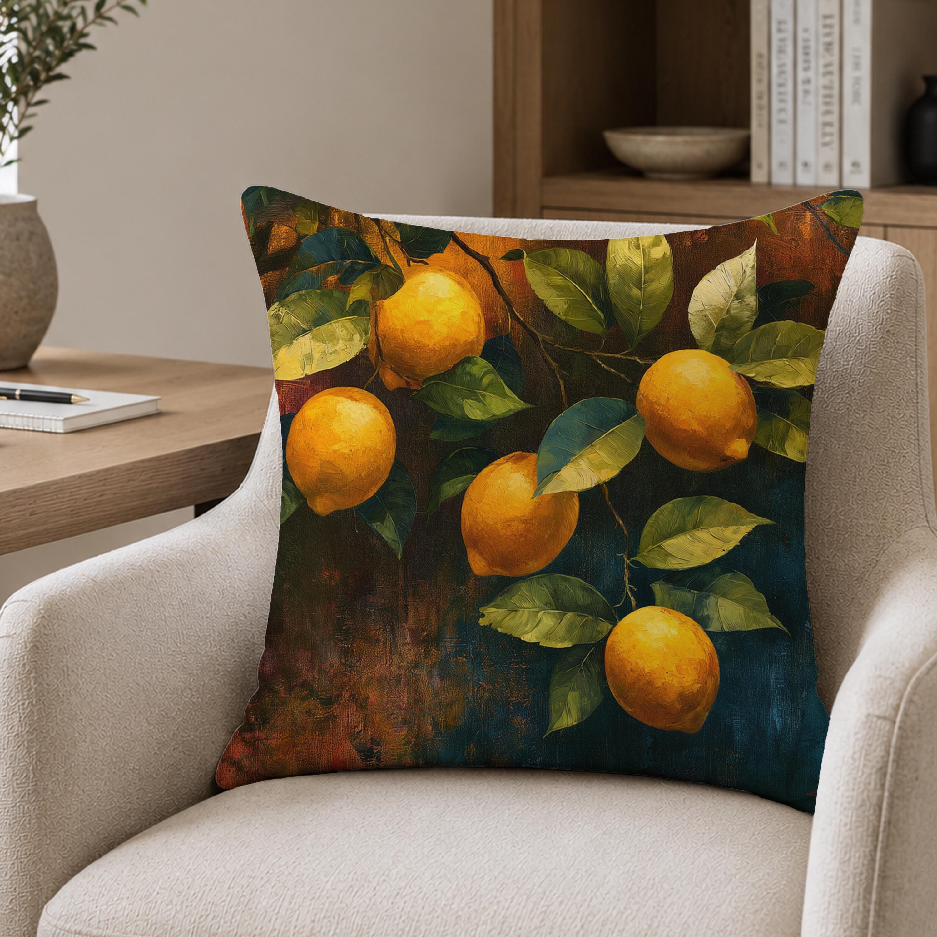 Lemon Branch Throw Pillow, Citrus Botanical Cushion Cover, Moody Mediterranean Pillowcase, Rustic Outdoor Pillow, Kitchen Decor Accent