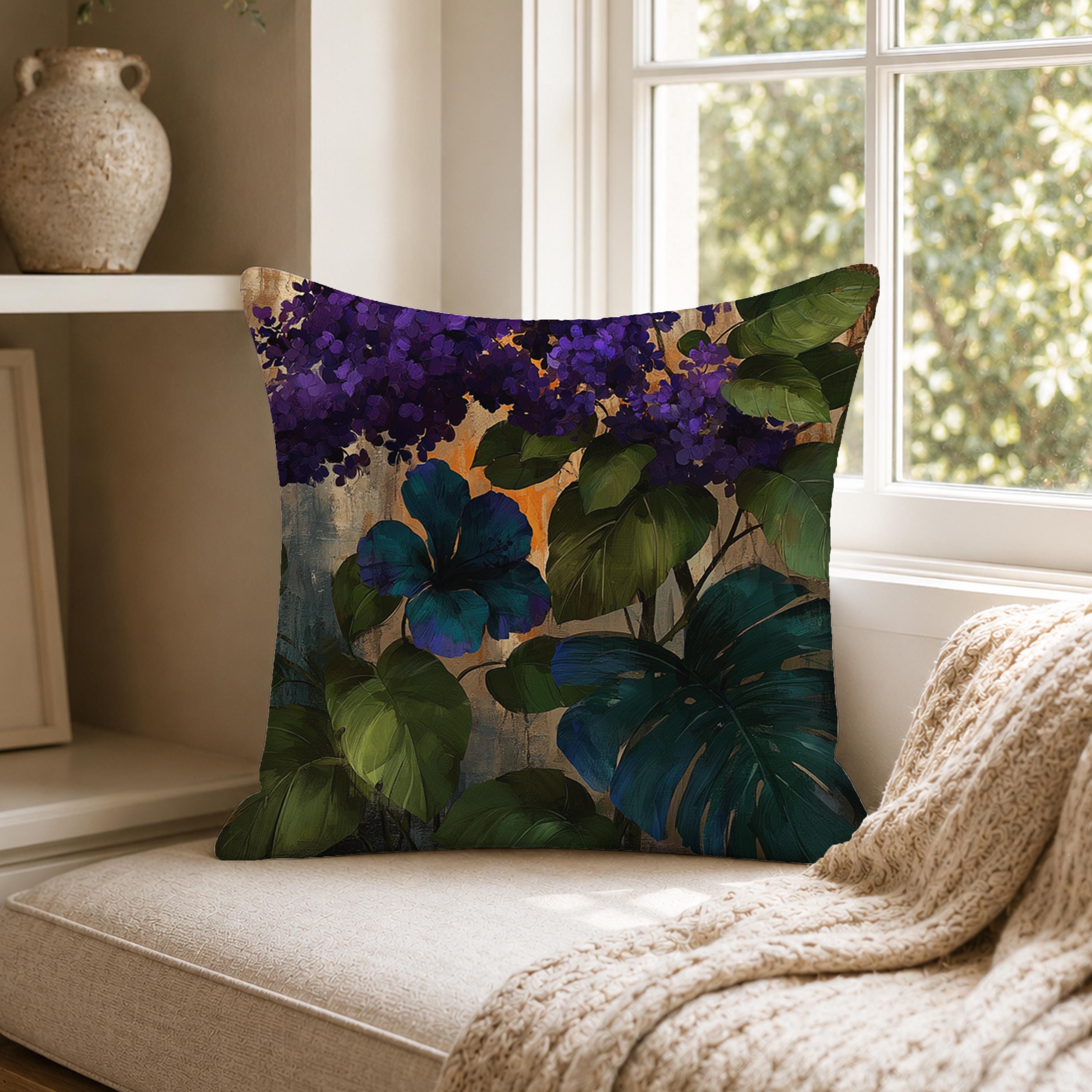Summer Outdoor Patio Pillow, Purple Floral Throw Pillow, Moody Botanical Cushion Cover, Hydrangea Pillowcase, Elegant Decor Accent