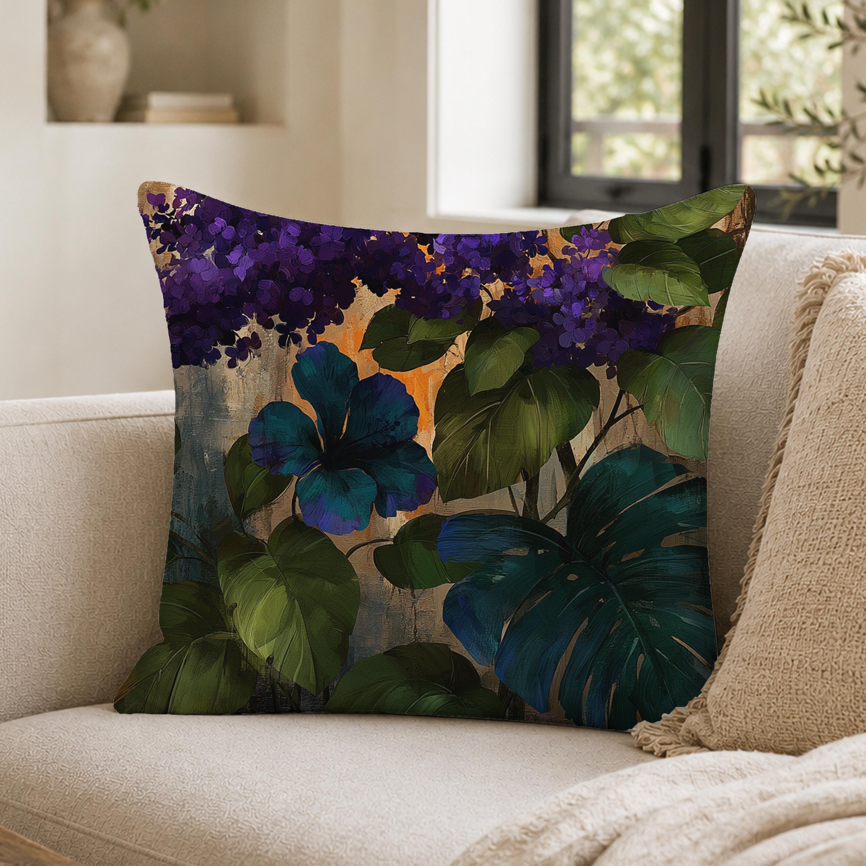 Summer Outdoor Patio Pillow, Purple Floral Throw Pillow, Moody Botanical Cushion Cover, Hydrangea Pillowcase, Elegant Decor Accent