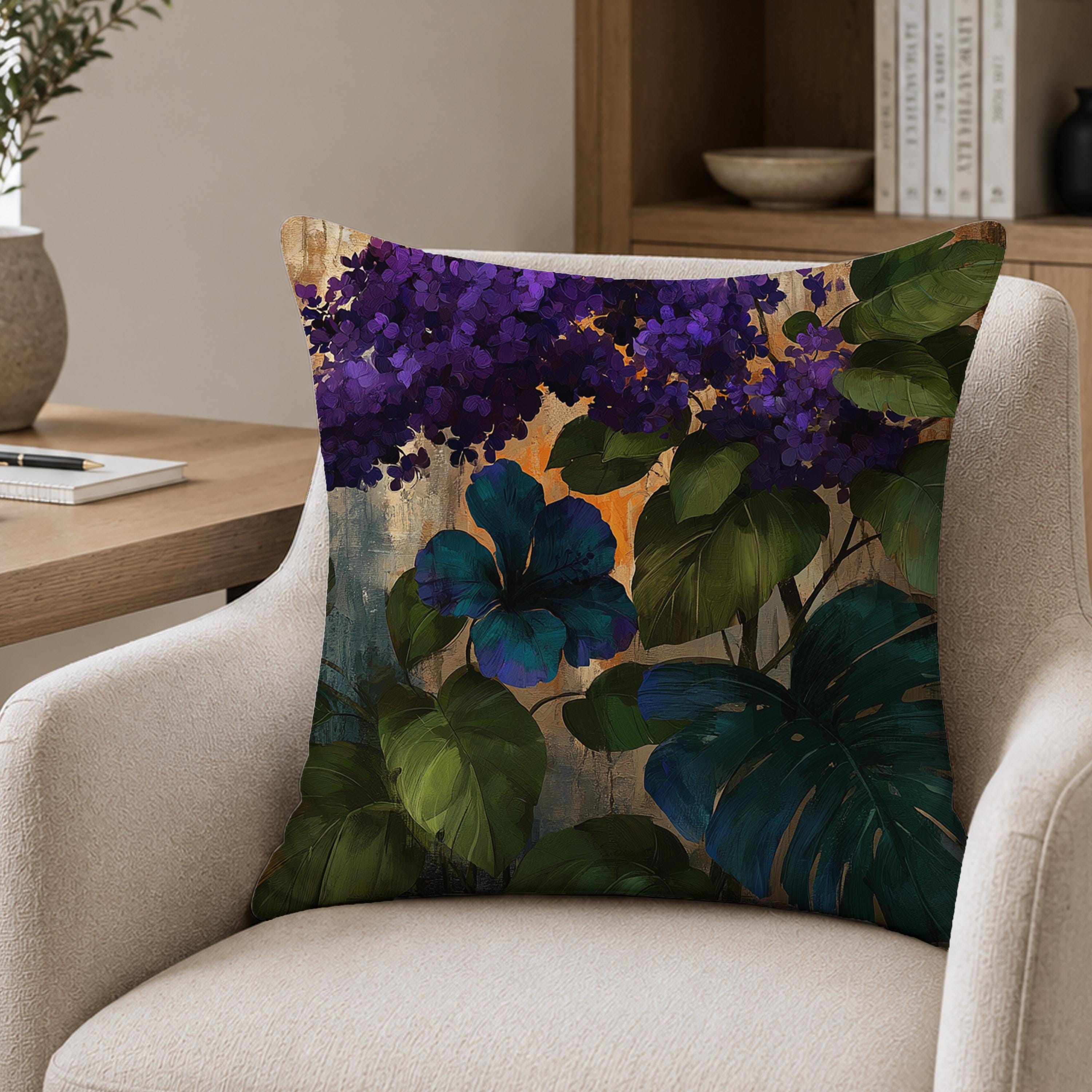 Summer Outdoor Patio Pillow, Purple Floral Throw Pillow, Moody Botanical Cushion Cover, Hydrangea Pillowcase, Elegant Decor Accent