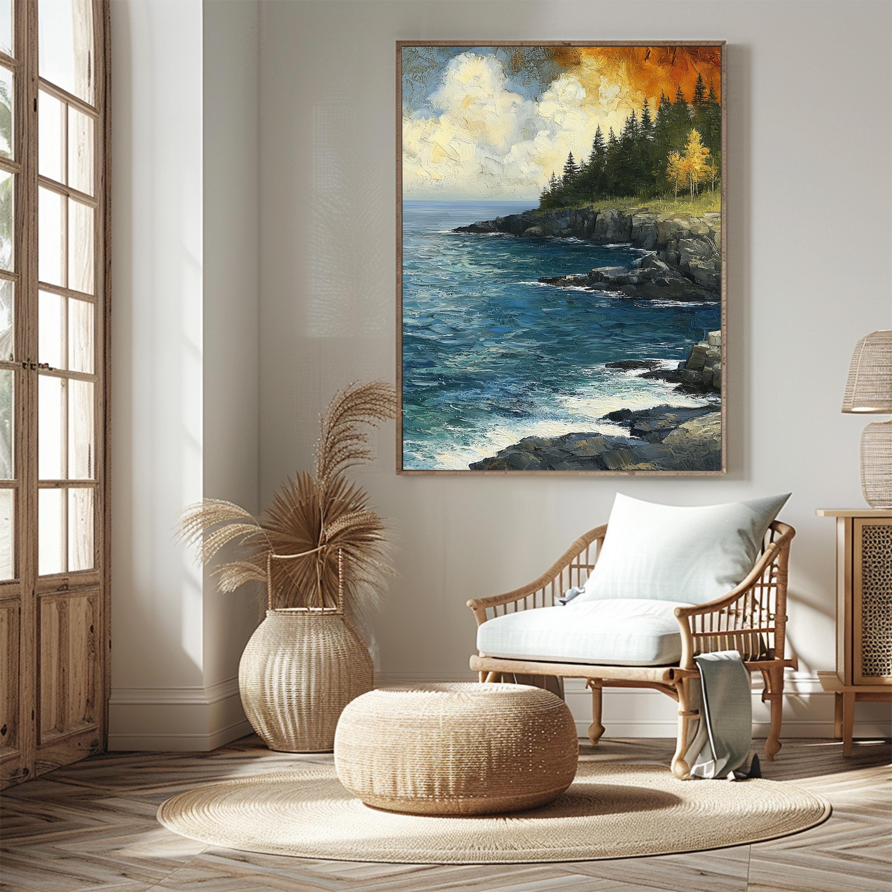 Rocky Coast Framed Wall Art, Coastal Cliff Canvas, Ocean Landscape Artwork Prints, Rustic Beach Home Decor
