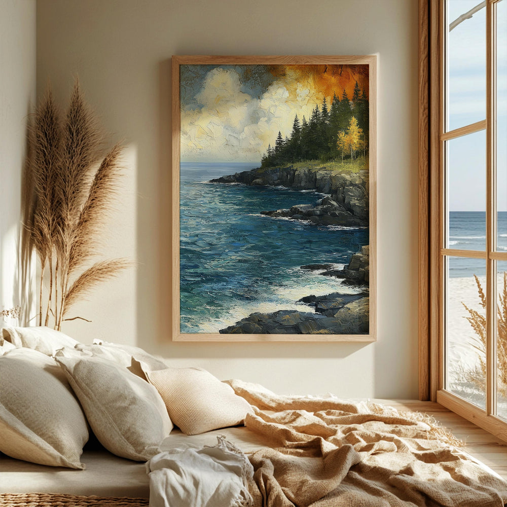 Rocky Coast Framed Wall Art, Coastal Cliff Canvas, Ocean Landscape Artwork Prints, Rustic Beach Home Decor