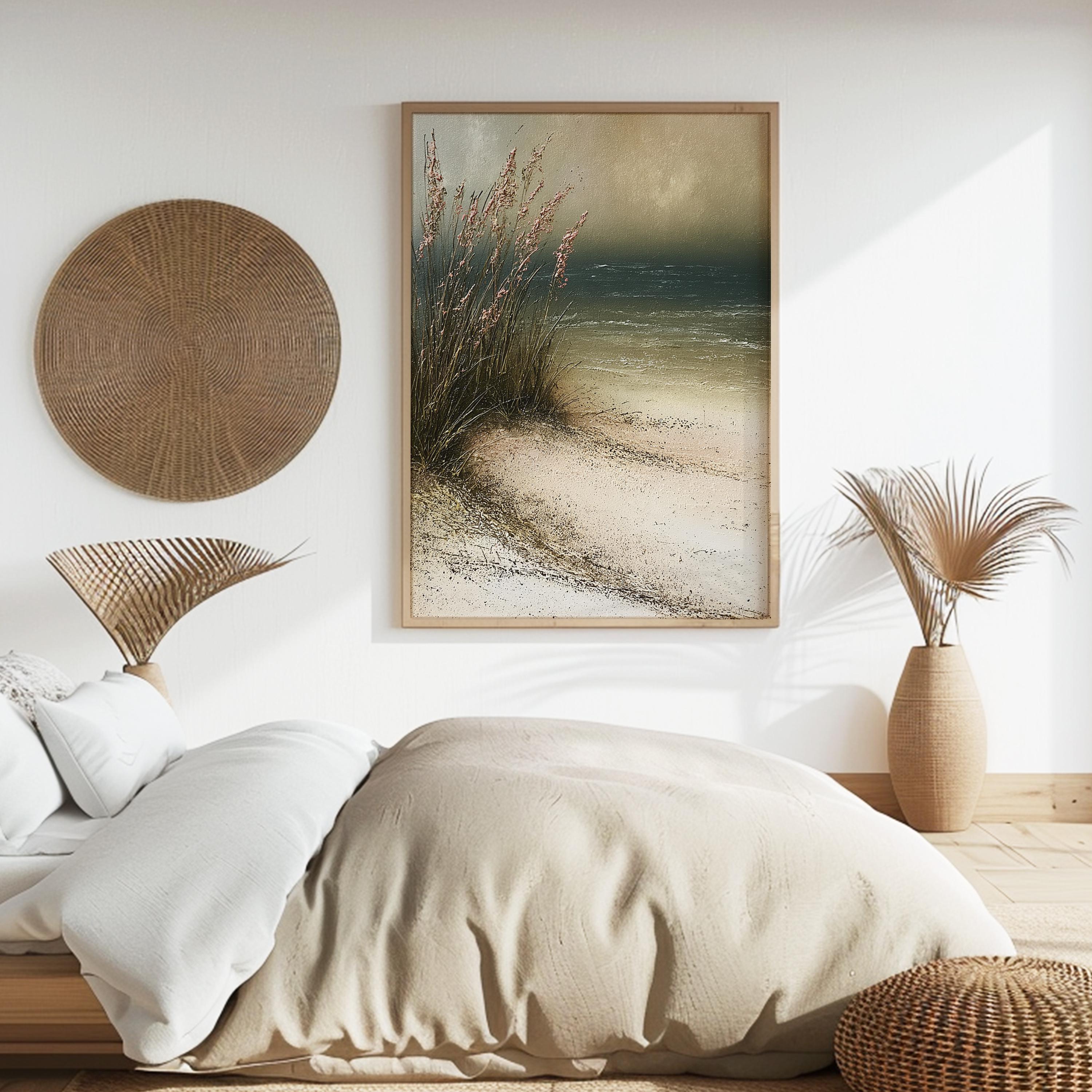 Minimal Beach Home Decor, Neutral Beach Grass Wall Art, Coastal Sand Dune Framed Canvas, Soft Ocean Artwork Prints