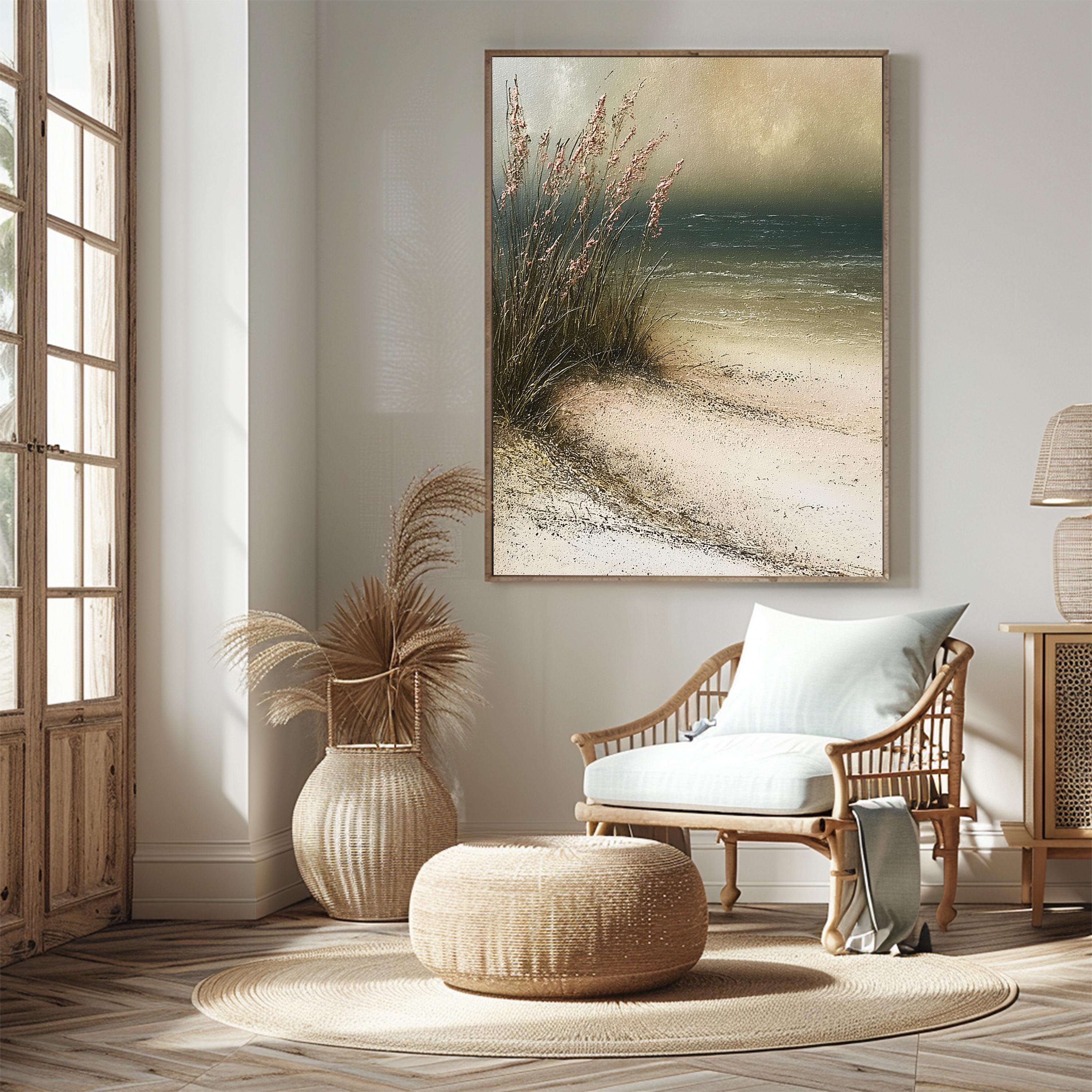 Minimal Beach Home Decor, Neutral Beach Grass Wall Art, Coastal Sand Dune Framed Canvas, Soft Ocean Artwork Prints