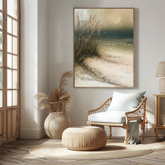 Minimal Beach Home Decor, Neutral Beach Grass Wall Art, Coastal Sand Dune Framed Canvas, Soft Ocean Artwork Prints