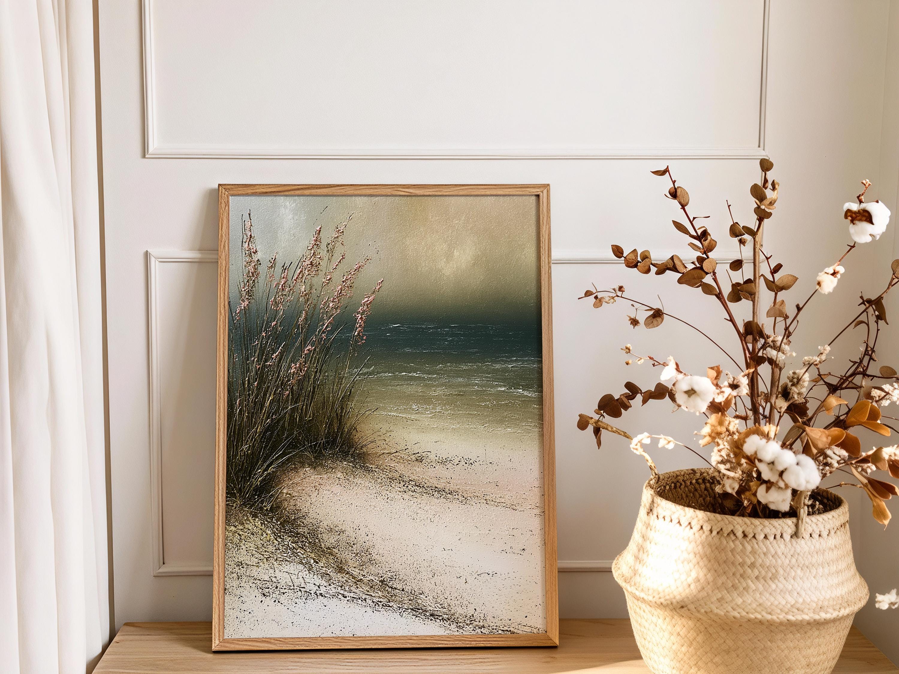Minimal Beach Home Decor, Neutral Beach Grass Wall Art, Coastal Sand Dune Framed Canvas, Soft Ocean Artwork Prints