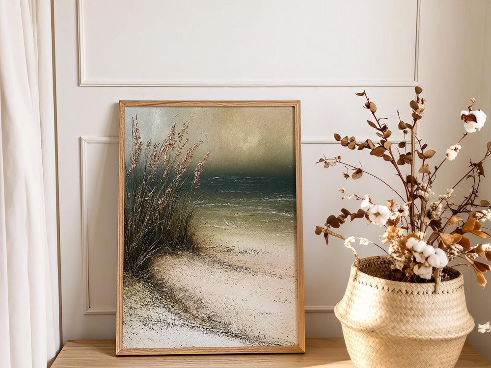 Minimal Beach Home Decor, Neutral Beach Grass Wall Art, Coastal Sand Dune Framed Canvas, Soft Ocean Artwork Prints