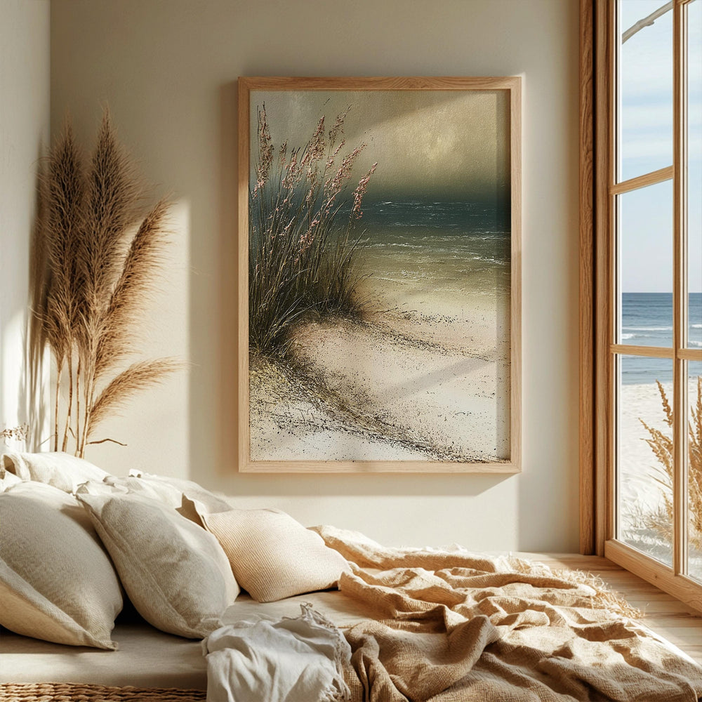 Minimal Beach Home Decor, Neutral Beach Grass Wall Art, Coastal Sand Dune Framed Canvas, Soft Ocean Artwork Prints