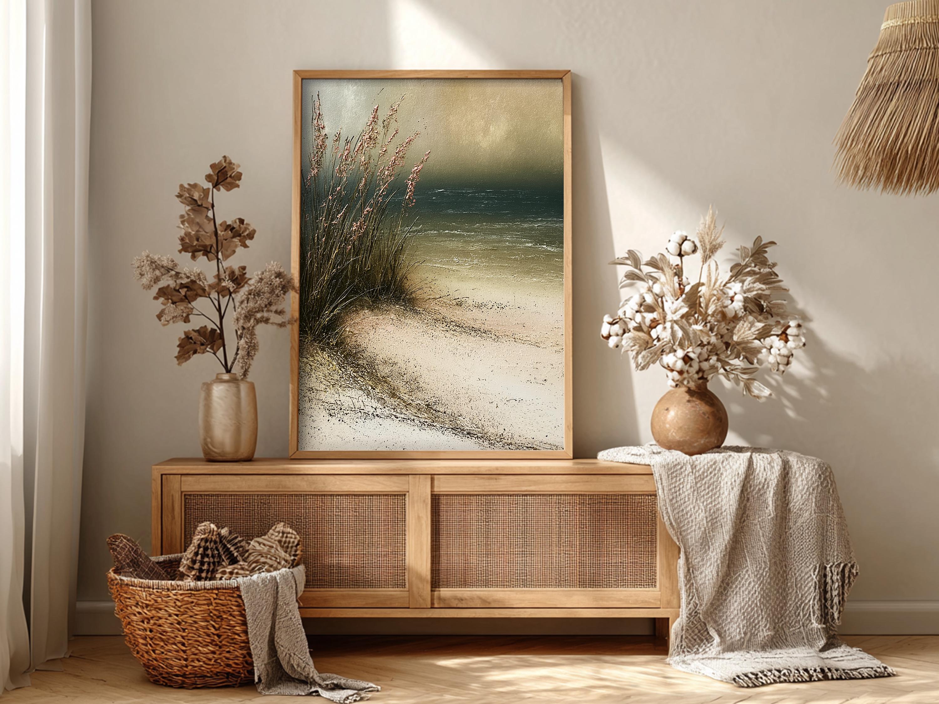Minimal Beach Home Decor, Neutral Beach Grass Wall Art, Coastal Sand Dune Framed Canvas, Soft Ocean Artwork Prints
