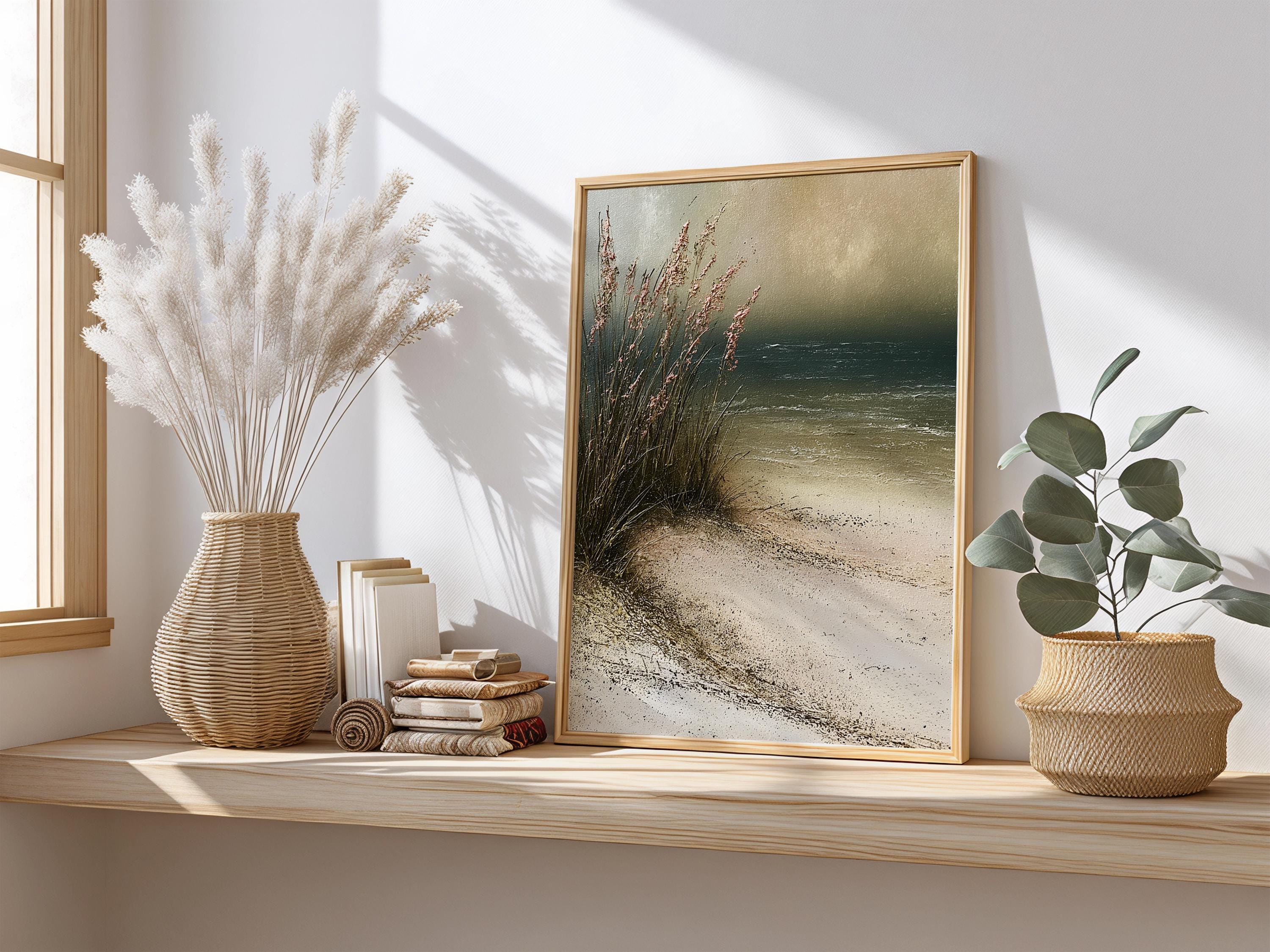 Minimal Beach Home Decor, Neutral Beach Grass Wall Art, Coastal Sand Dune Framed Canvas, Soft Ocean Artwork Prints