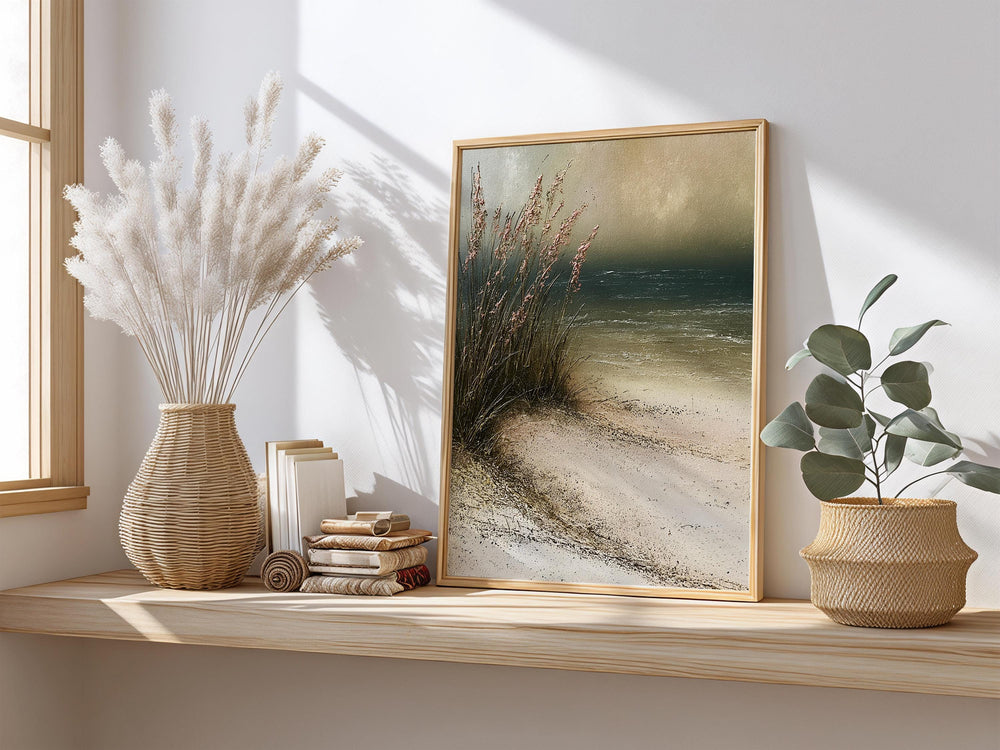 Minimal Beach Home Decor, Neutral Beach Grass Wall Art, Coastal Sand Dune Framed Canvas, Soft Ocean Artwork Prints