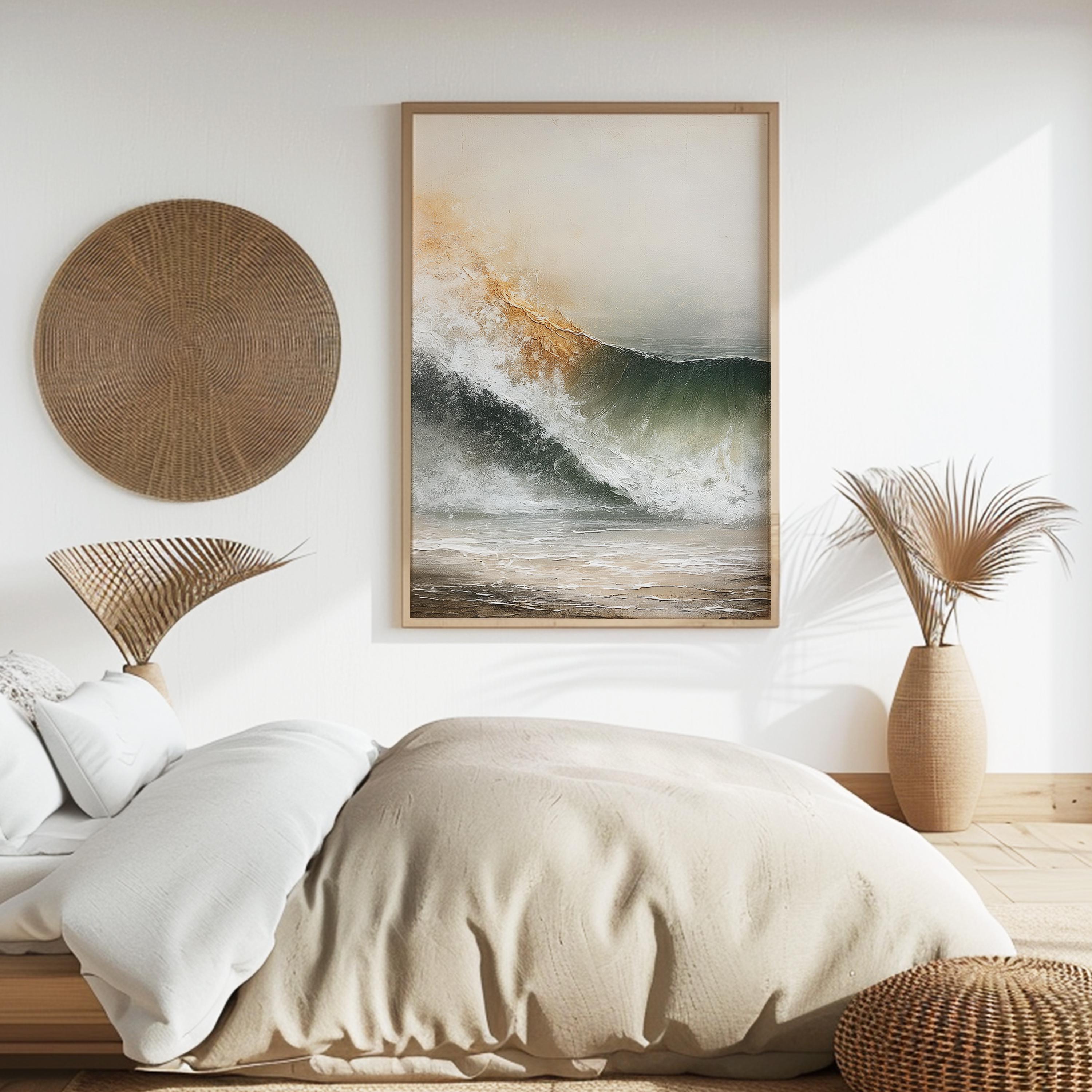 Neutral Ocean Wave Poster, Coastal Beach Framed Canvas, Soft Sea Artwork Prints, Minimal Coastal Home Decor
