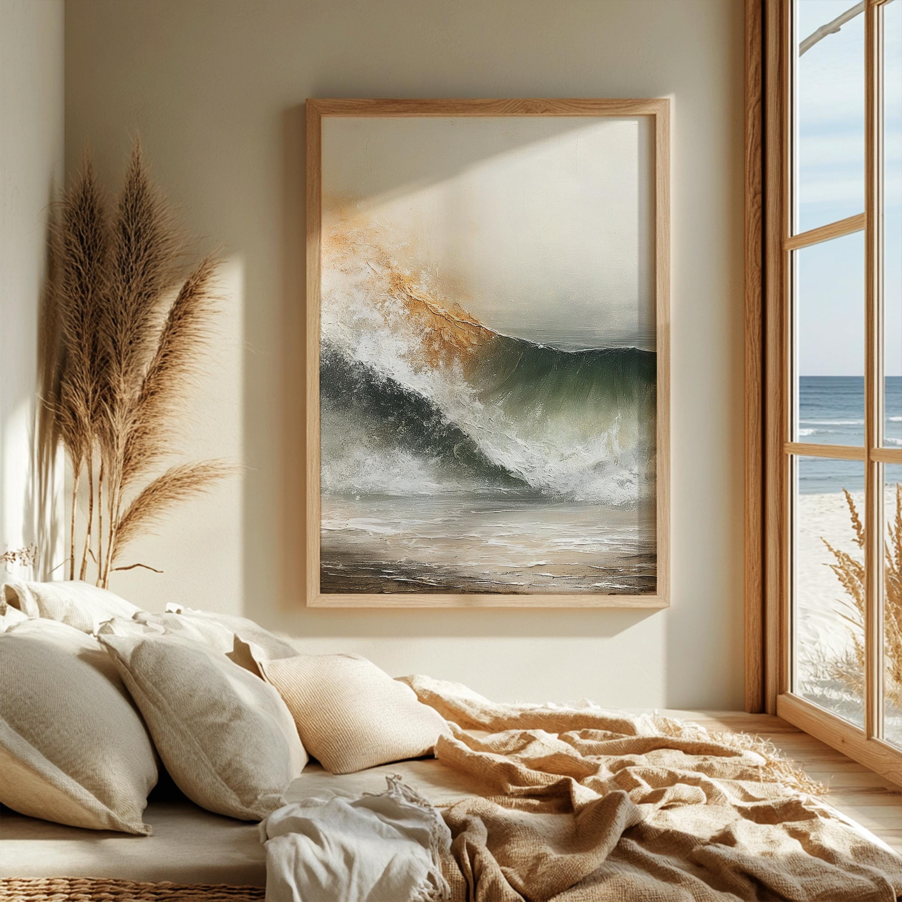 Neutral Ocean Wave Poster, Coastal Beach Framed Canvas, Soft Sea Artwork Prints, Minimal Coastal Home Decor