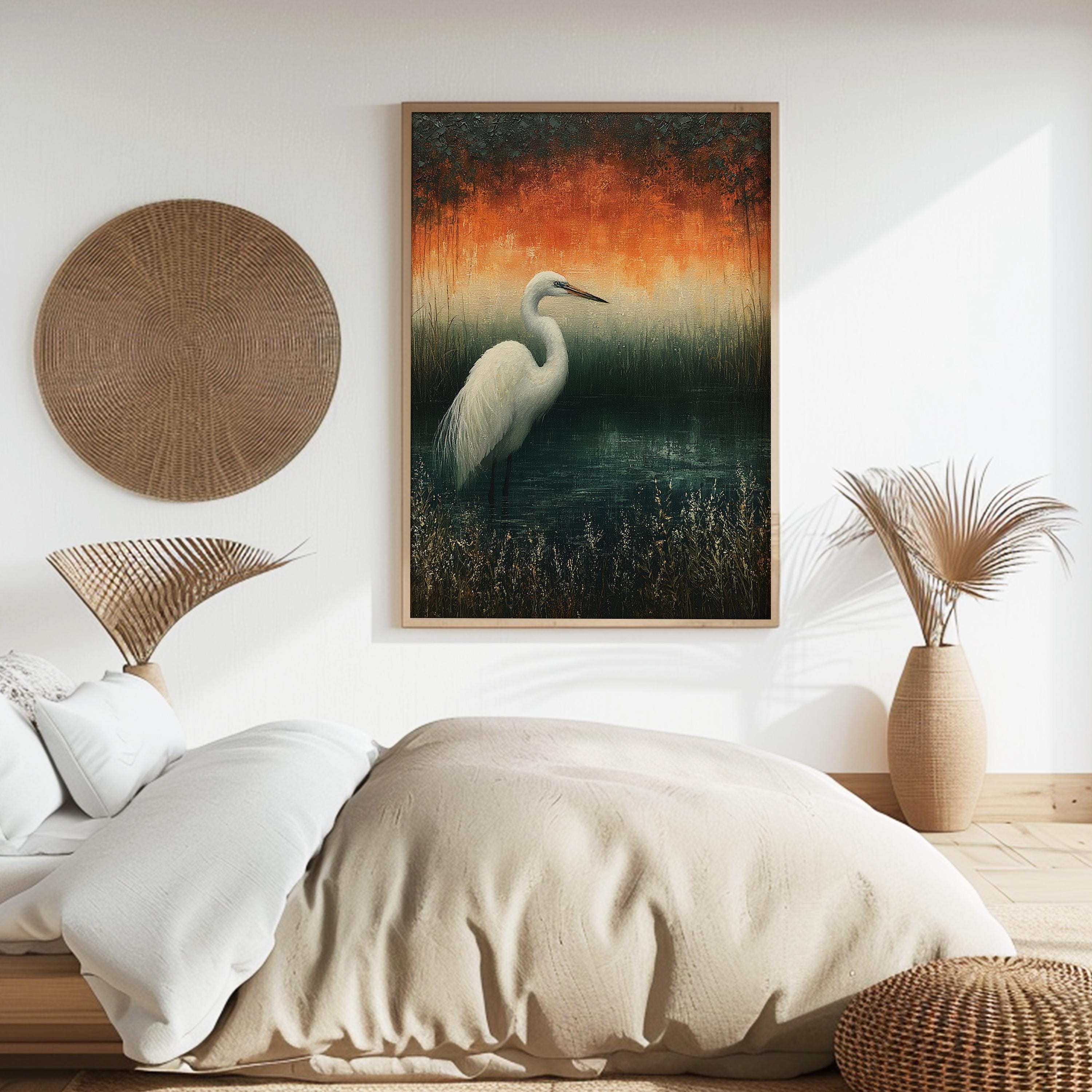 White Egret Wall Art, Moody Marsh Artwork Prints, Coastal Bird Framed Canvas, Elegant Nature Home Decor