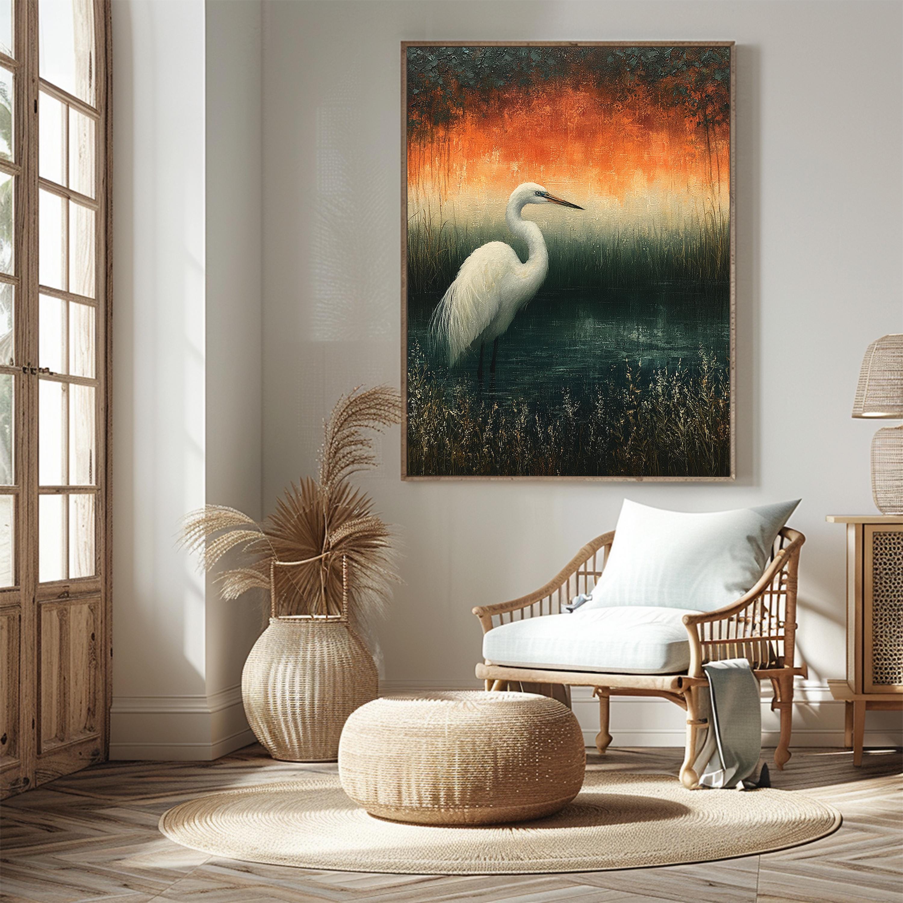 White Egret Wall Art, Moody Marsh Artwork Prints, Coastal Bird Framed Canvas, Elegant Nature Home Decor