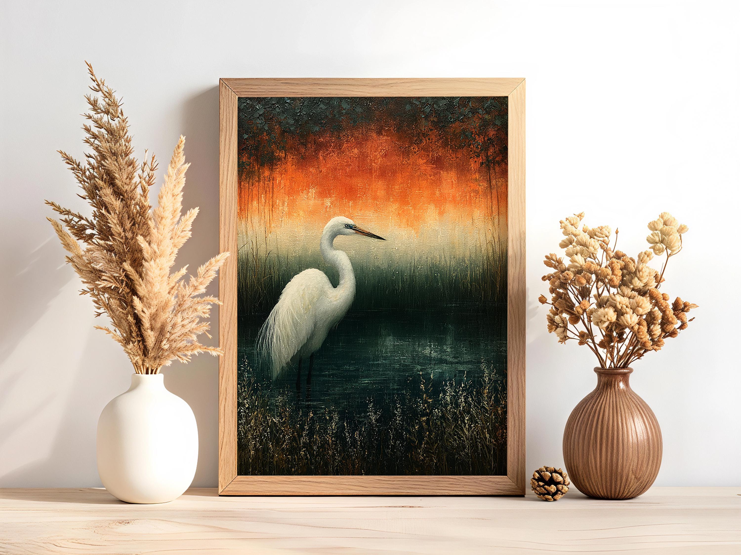 White Egret Wall Art, Moody Marsh Artwork Prints, Coastal Bird Framed Canvas, Elegant Nature Home Decor