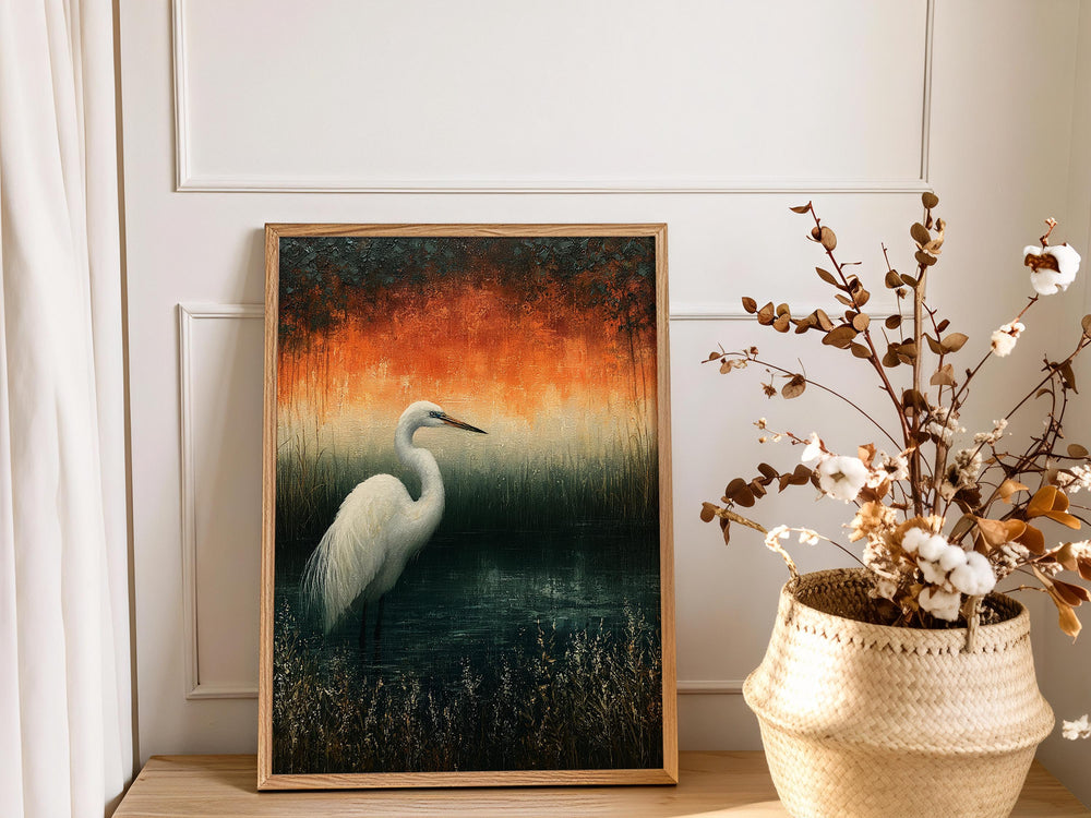 White Egret Wall Art, Moody Marsh Artwork Prints, Coastal Bird Framed Canvas, Elegant Nature Home Decor