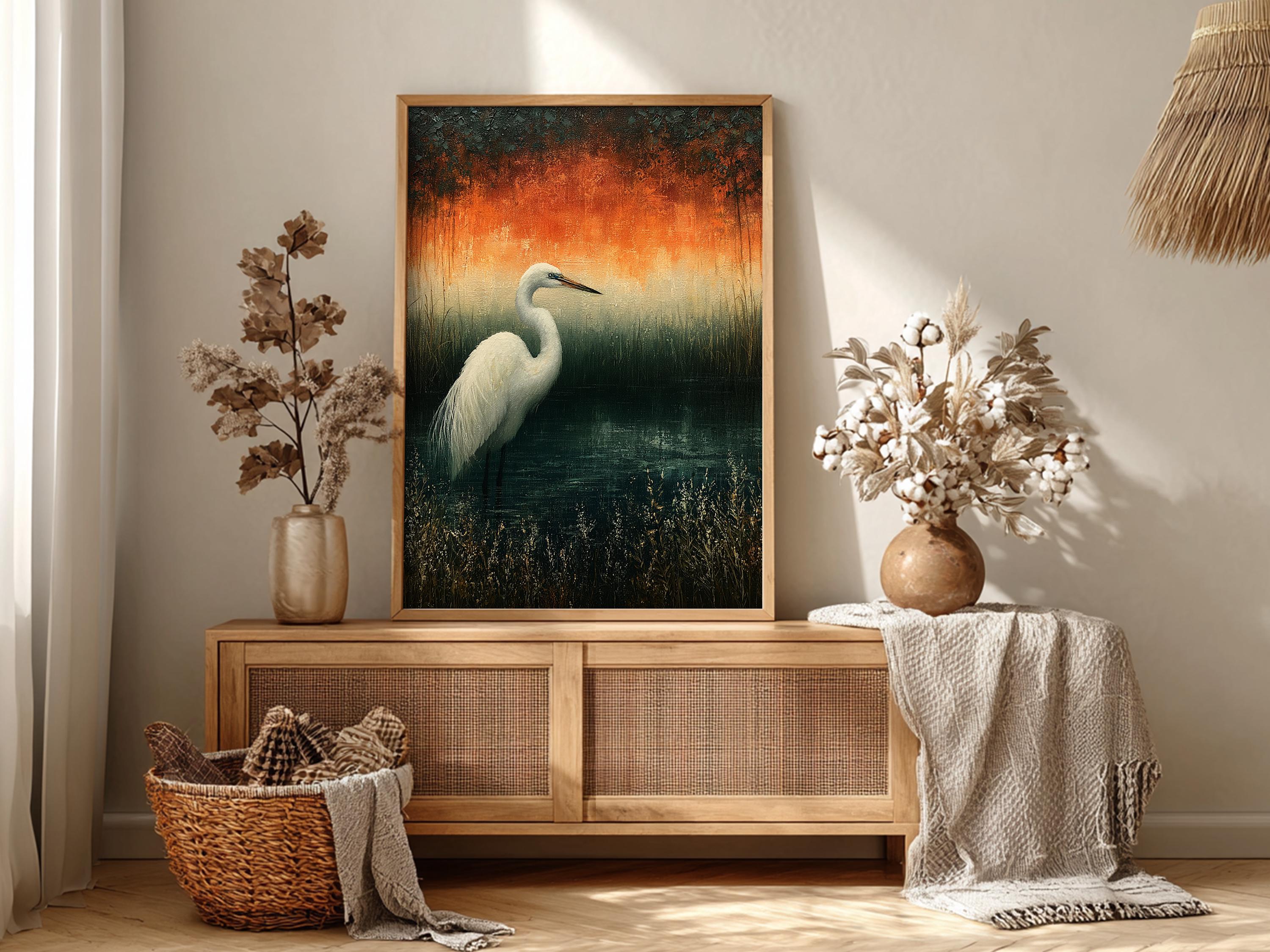 White Egret Wall Art, Moody Marsh Artwork Prints, Coastal Bird Framed Canvas, Elegant Nature Home Decor
