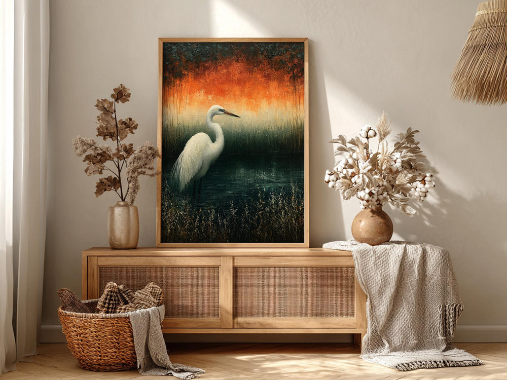 White Egret Wall Art, Moody Marsh Artwork Prints, Coastal Bird Framed Canvas, Elegant Nature Home Decor