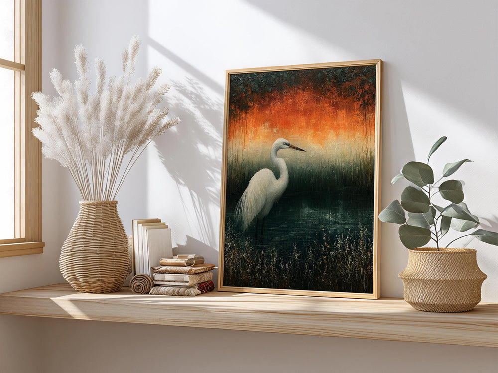 White Egret Wall Art, Moody Marsh Artwork Prints, Coastal Bird Framed Canvas, Elegant Nature Home Decor