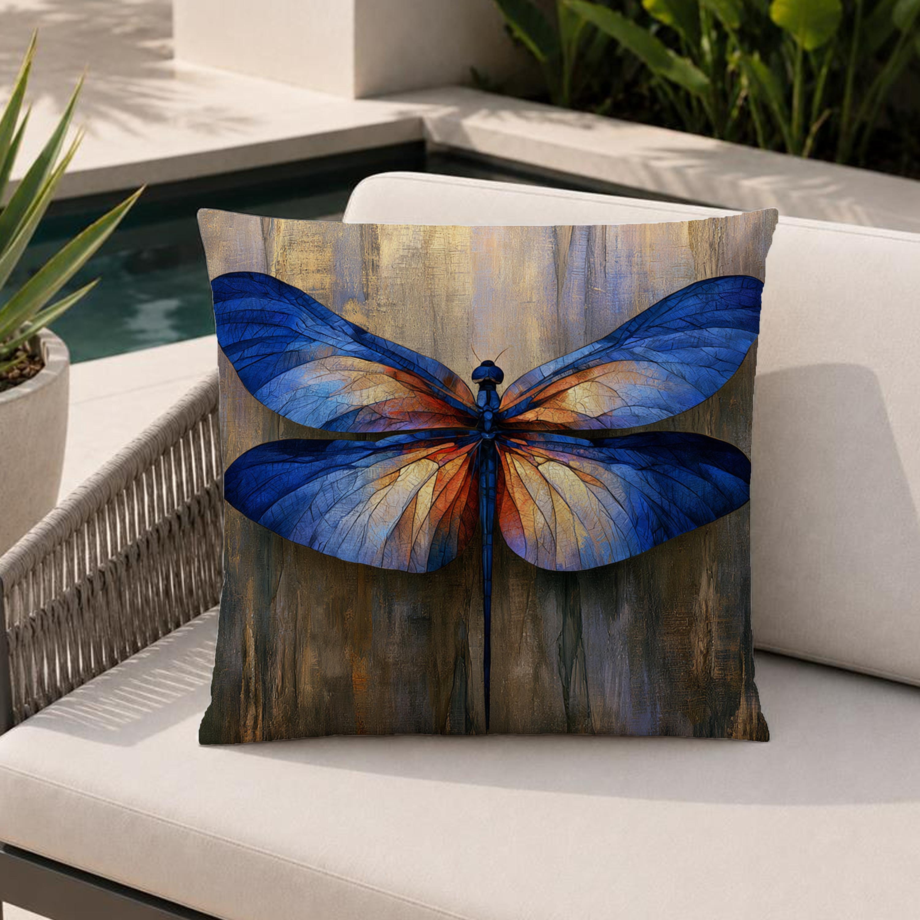 Blue Dragonfly Outdoor Pillow, Moody Nature Cushion Cover, Elegant Insect Pillowcase, Botanical Throw Pillow, Coastal Decor Accent