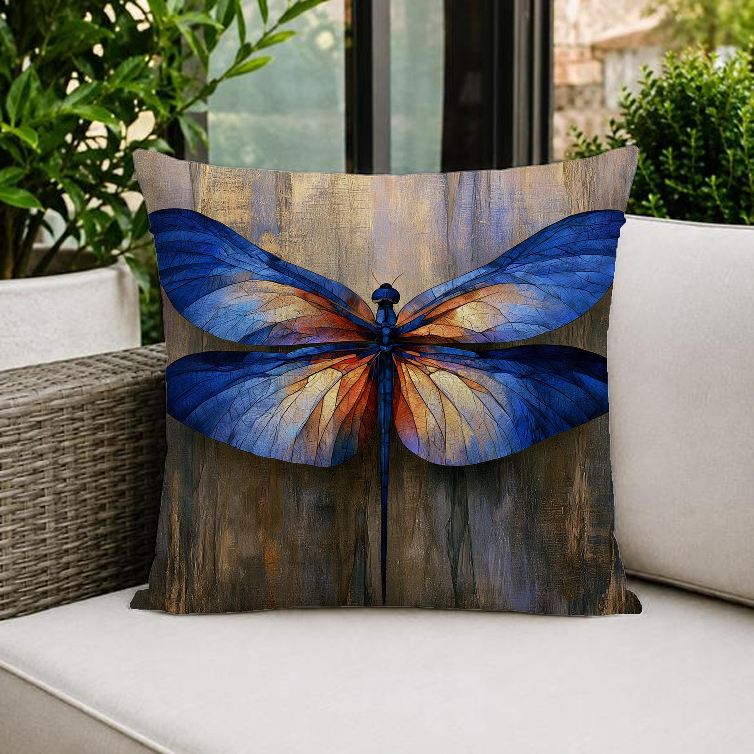 Blue Dragonfly Outdoor Pillow, Moody Nature Cushion Cover, Elegant Insect Pillowcase, Botanical Throw Pillow, Coastal Decor Accent