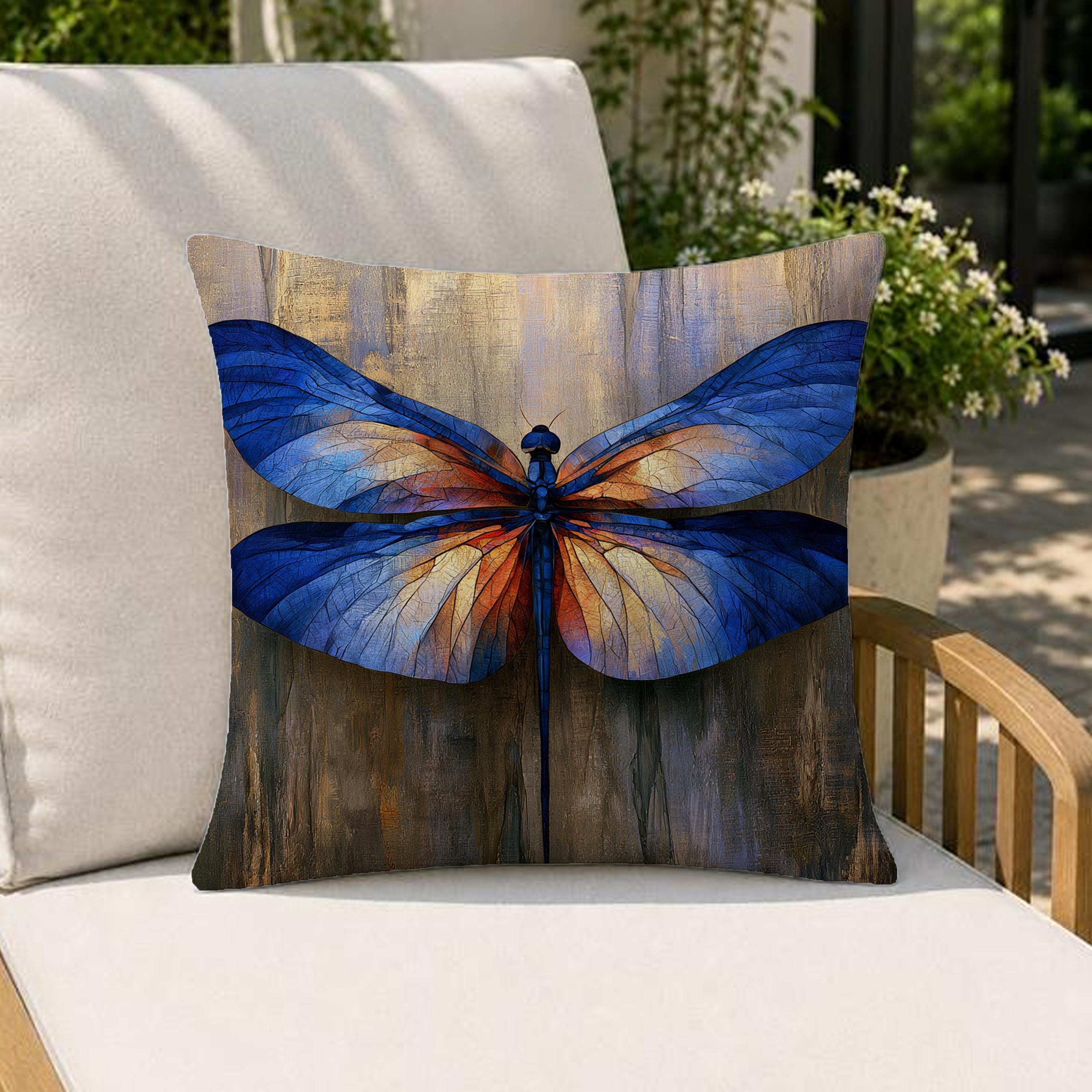Blue Dragonfly Outdoor Pillow, Moody Nature Cushion Cover, Elegant Insect Pillowcase, Botanical Throw Pillow, Coastal Decor Accent