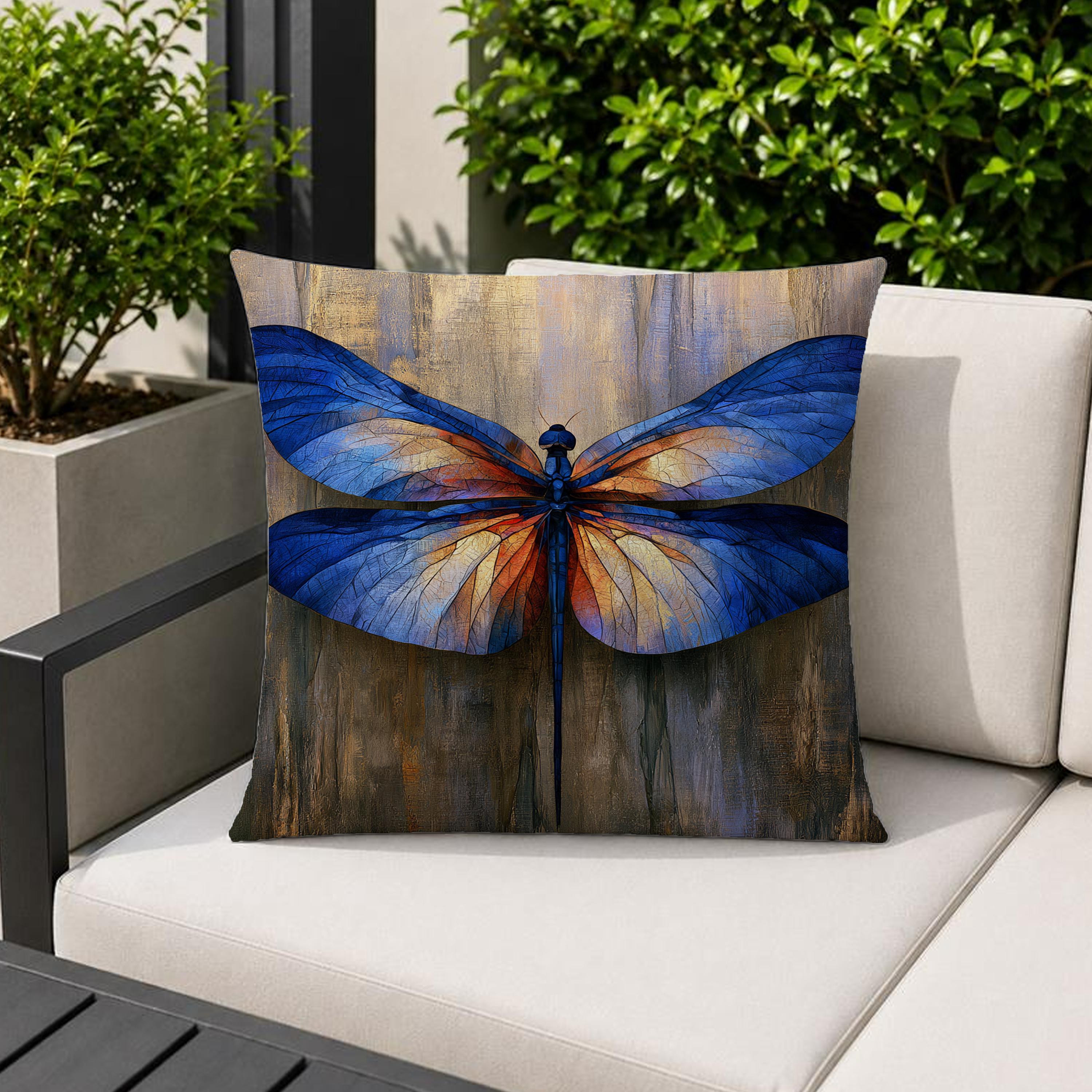 Blue Dragonfly Outdoor Pillow, Moody Nature Cushion Cover, Elegant Insect Pillowcase, Botanical Throw Pillow, Coastal Decor Accent