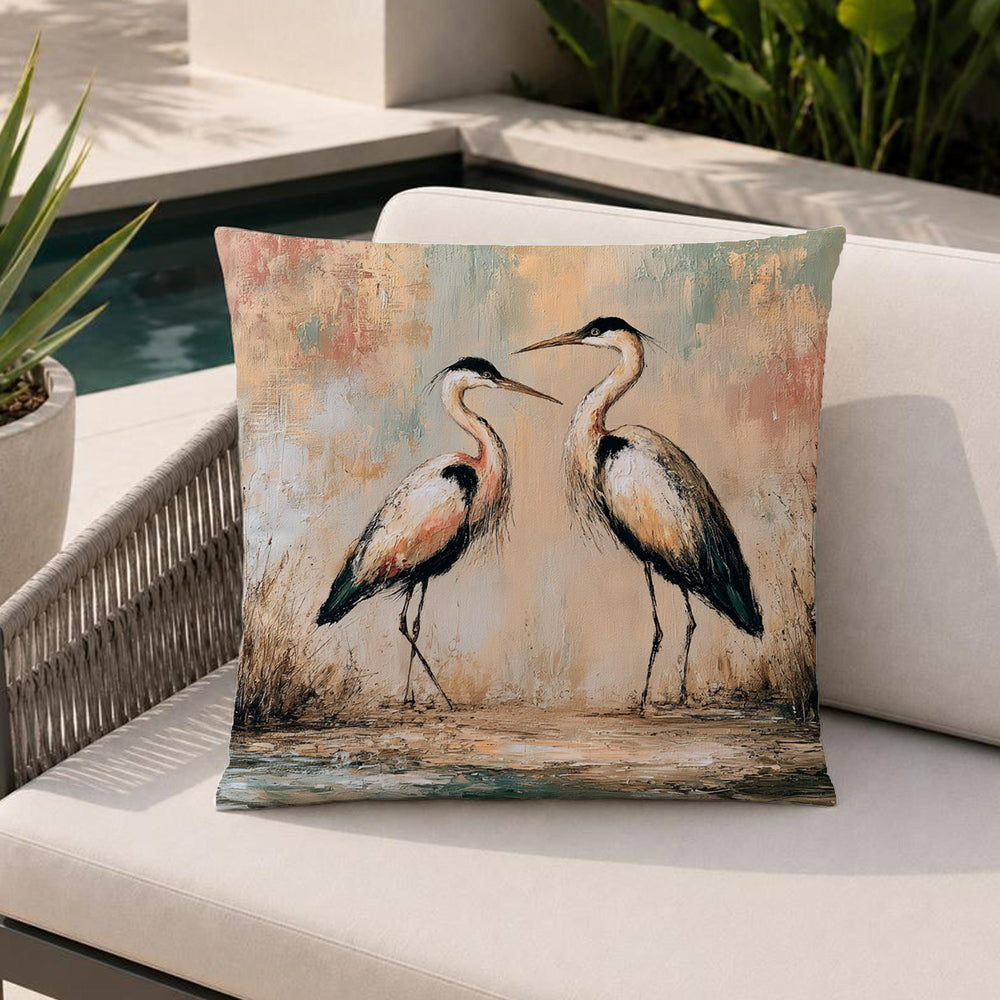 Heron Outdoor Pillow, Coastal Bird Cushion, Neutral Marsh Throw Pillow, Elegant Wildlife Pillowcase, Serene Home Decor Accent