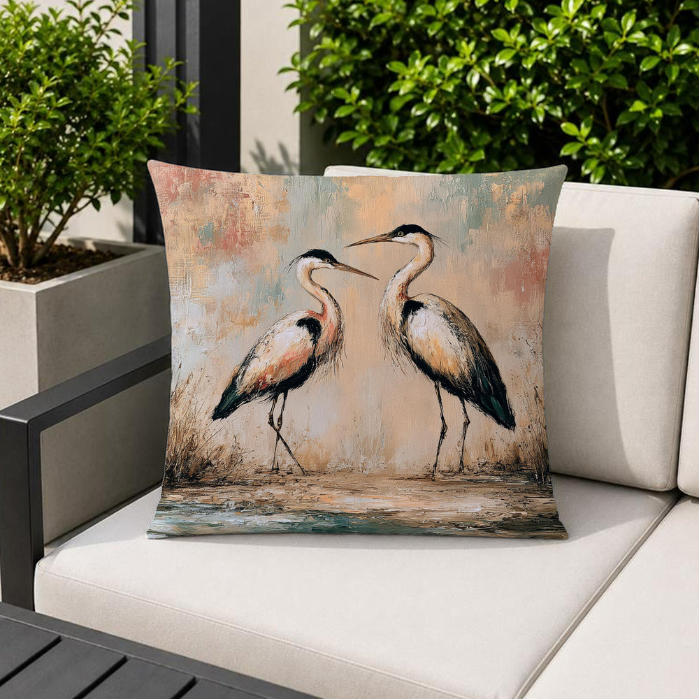 Heron Outdoor Pillow, Coastal Bird Cushion, Neutral Marsh Throw Pillow, Elegant Wildlife Pillowcase, Serene Home Decor Accent
