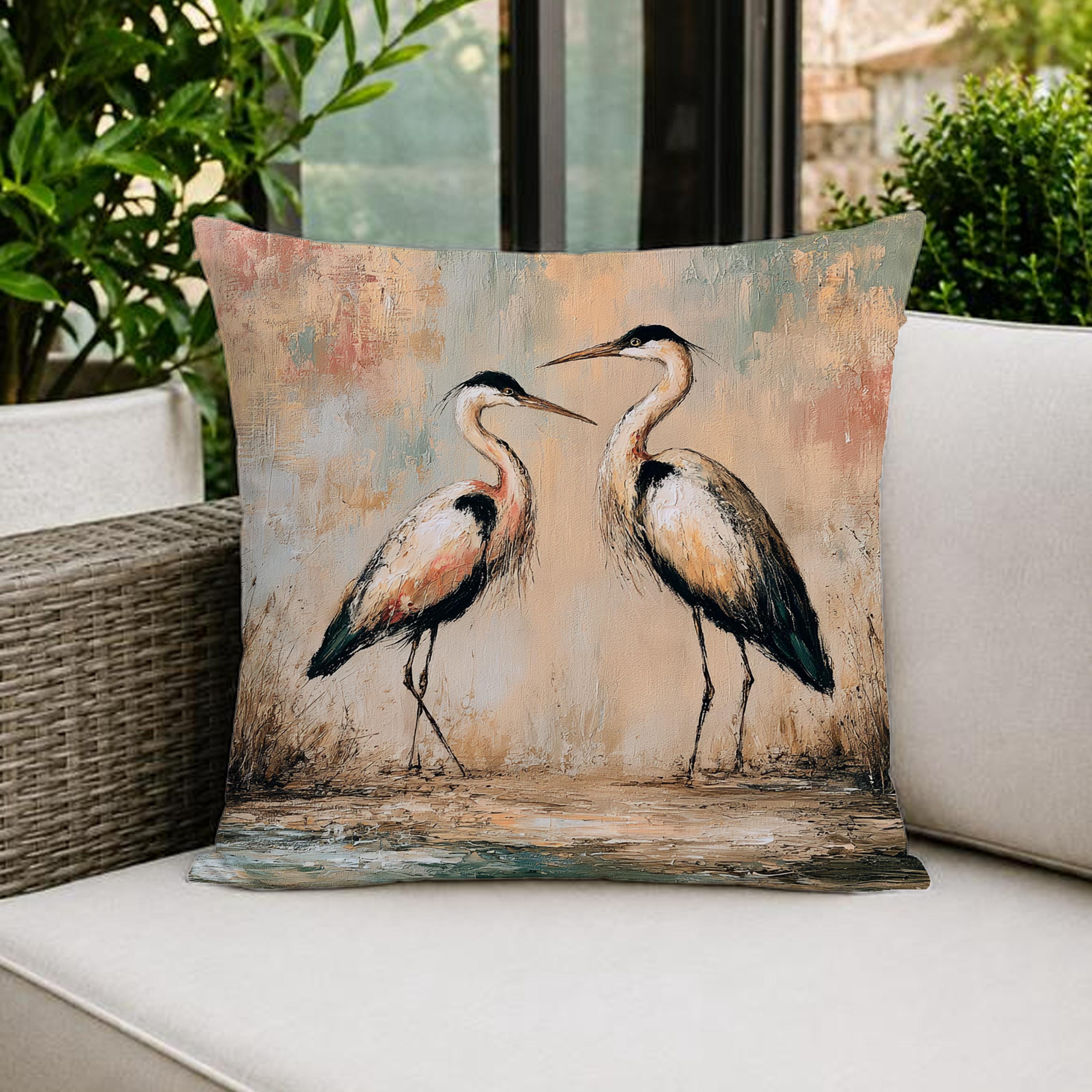 Heron Outdoor Pillow, Coastal Bird Cushion, Neutral Marsh Throw Pillow, Elegant Wildlife Pillowcase, Serene Home Decor Accent