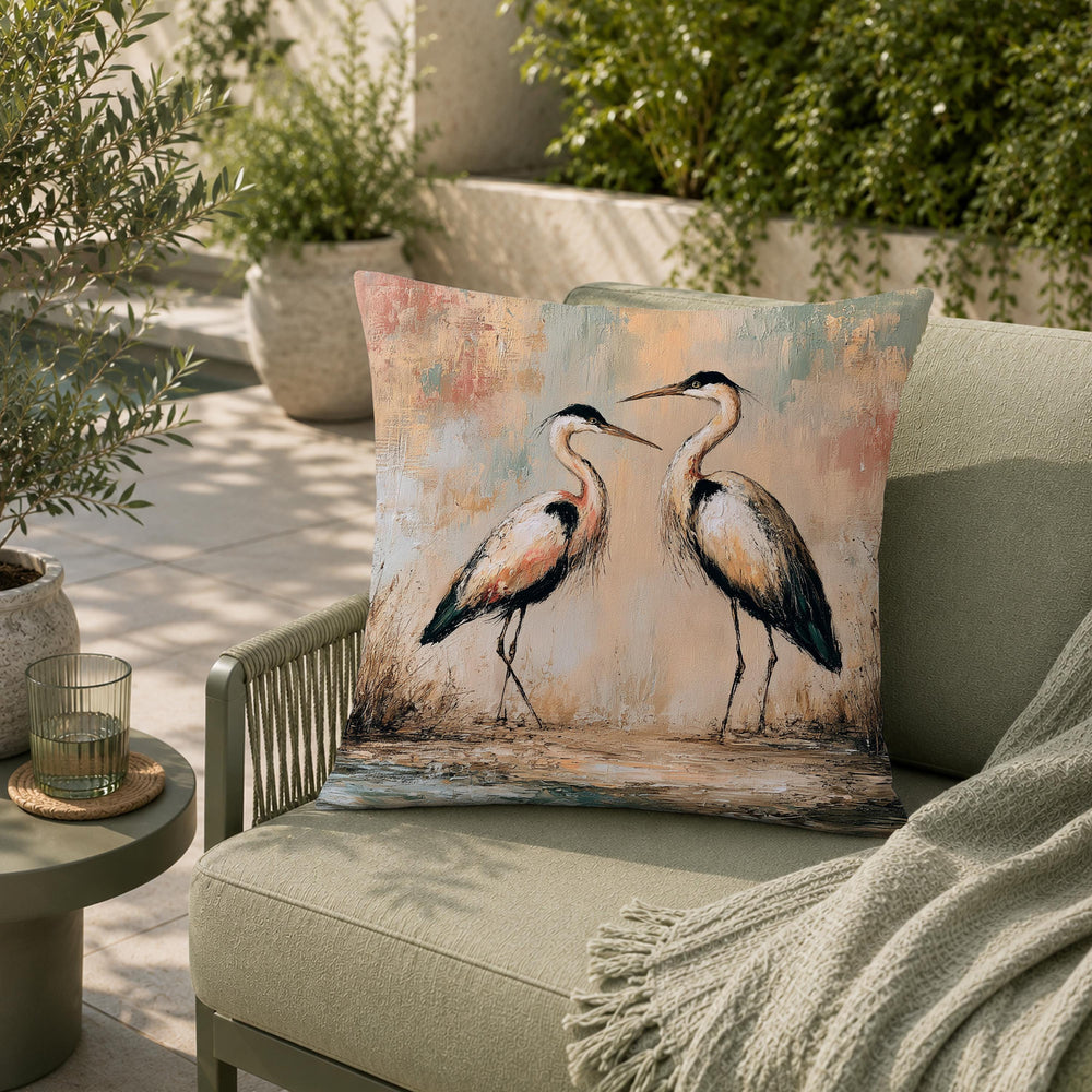 Heron Outdoor Pillow, Coastal Bird Cushion, Neutral Marsh Throw Pillow, Elegant Wildlife Pillowcase, Serene Home Decor Accent