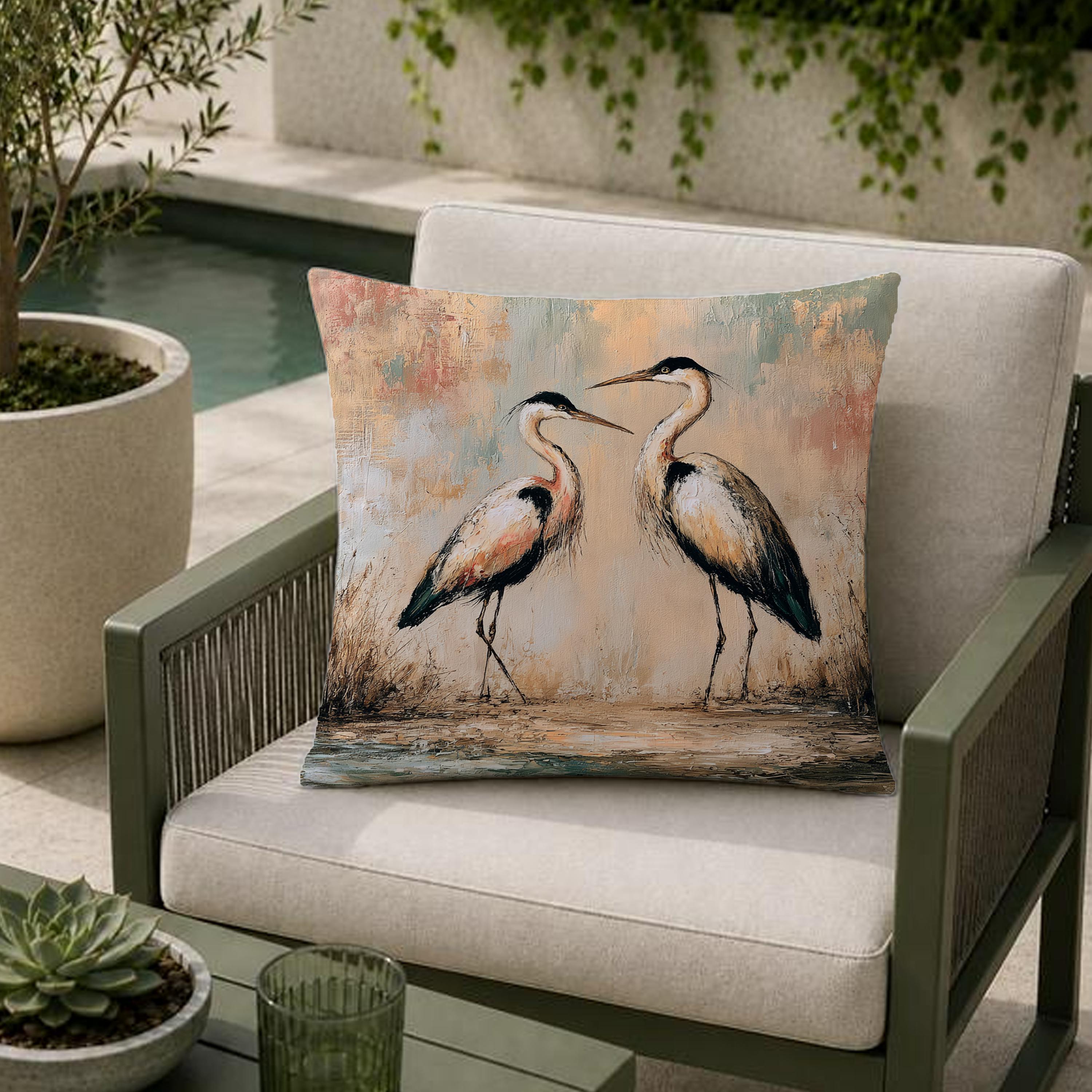 Heron Outdoor Pillow, Coastal Bird Cushion, Neutral Marsh Throw Pillow, Elegant Wildlife Pillowcase, Serene Home Decor Accent