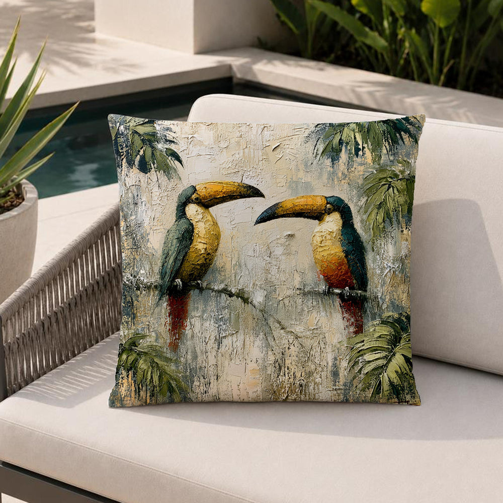 Toucan Outdoor Pillow, Tropical Bird Cushion Cover, Jungle Patio Decor, Coastal Resort Throw Pillow, Botanical Pillowcase