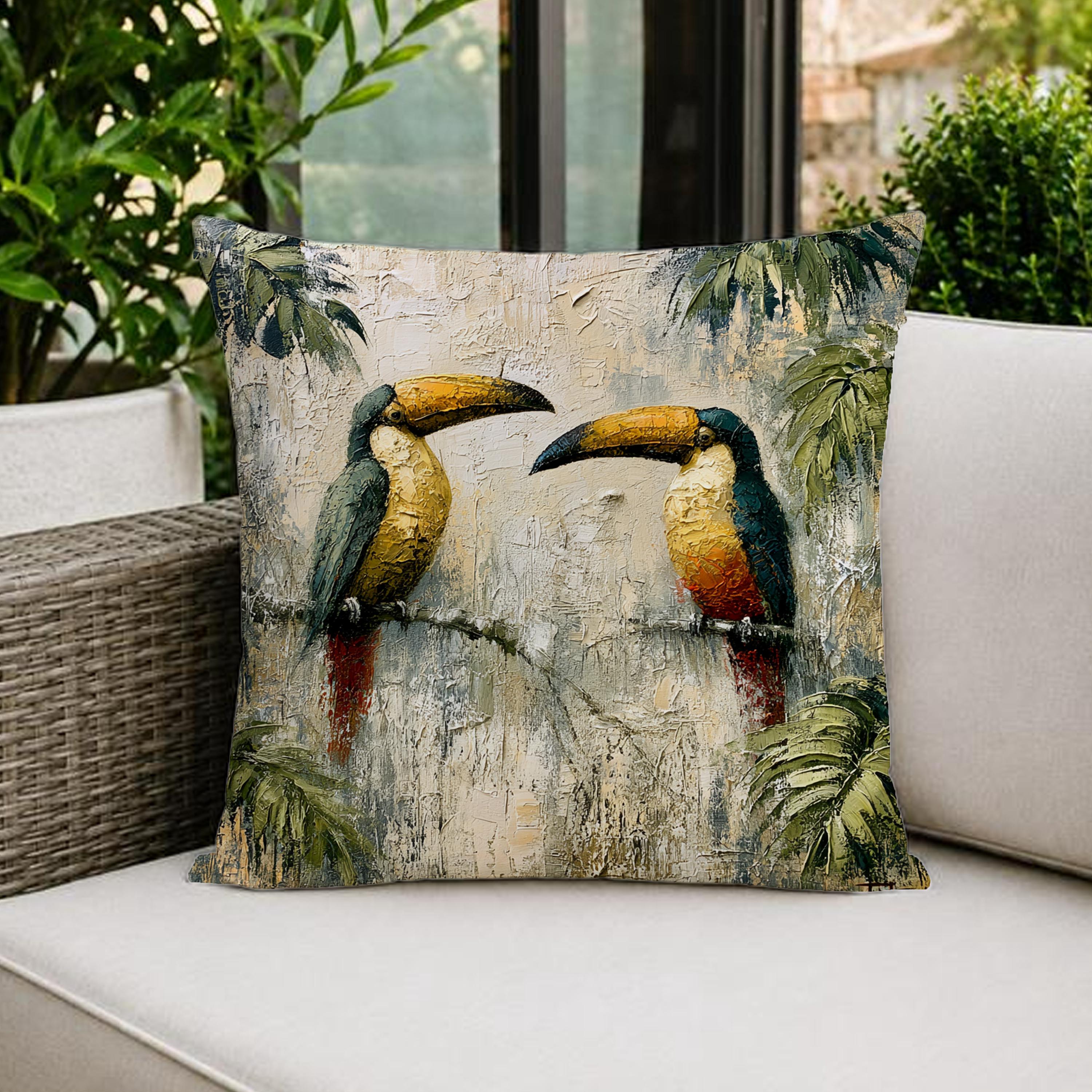 Toucan Outdoor Pillow, Tropical Bird Cushion Cover, Jungle Patio Decor, Coastal Resort Throw Pillow, Botanical Pillowcase