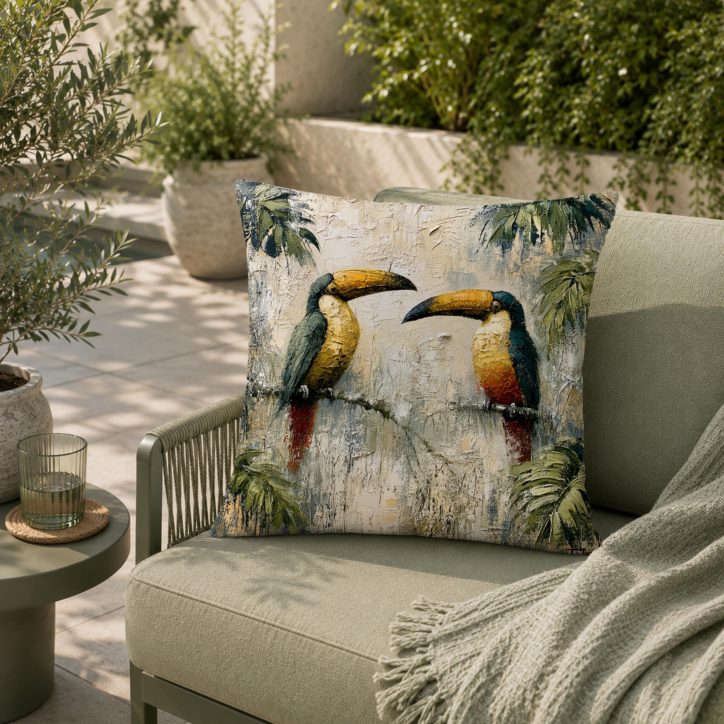 Toucan Outdoor Pillow, Tropical Bird Cushion Cover, Jungle Patio Decor, Coastal Resort Throw Pillow, Botanical Pillowcase