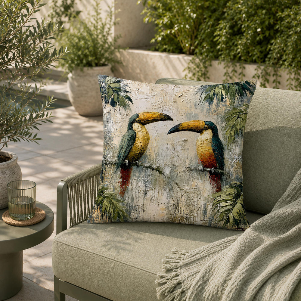 Toucan Outdoor Pillow, Tropical Bird Cushion Cover, Jungle Patio Decor, Coastal Resort Throw Pillow, Botanical Pillowcase