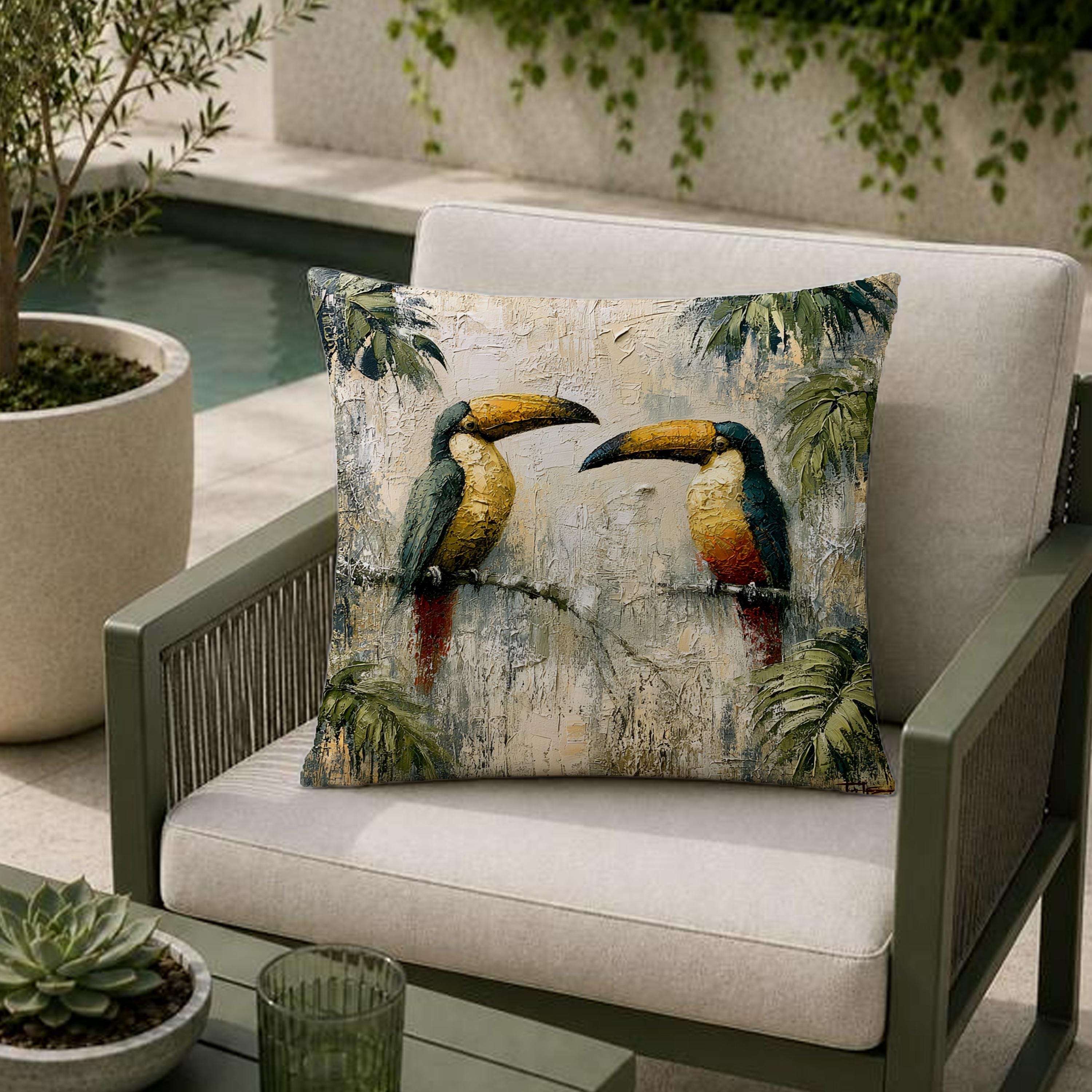 Toucan Outdoor Pillow, Tropical Bird Cushion Cover, Jungle Patio Decor, Coastal Resort Throw Pillow, Botanical Pillowcase