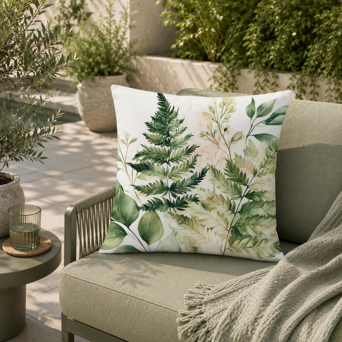 Fern Fronds Outdoor Pillow, Botanical Green Cushion, Nature Patio Pillow, Organic Porch Decor, Neutral Garden Pillowcase