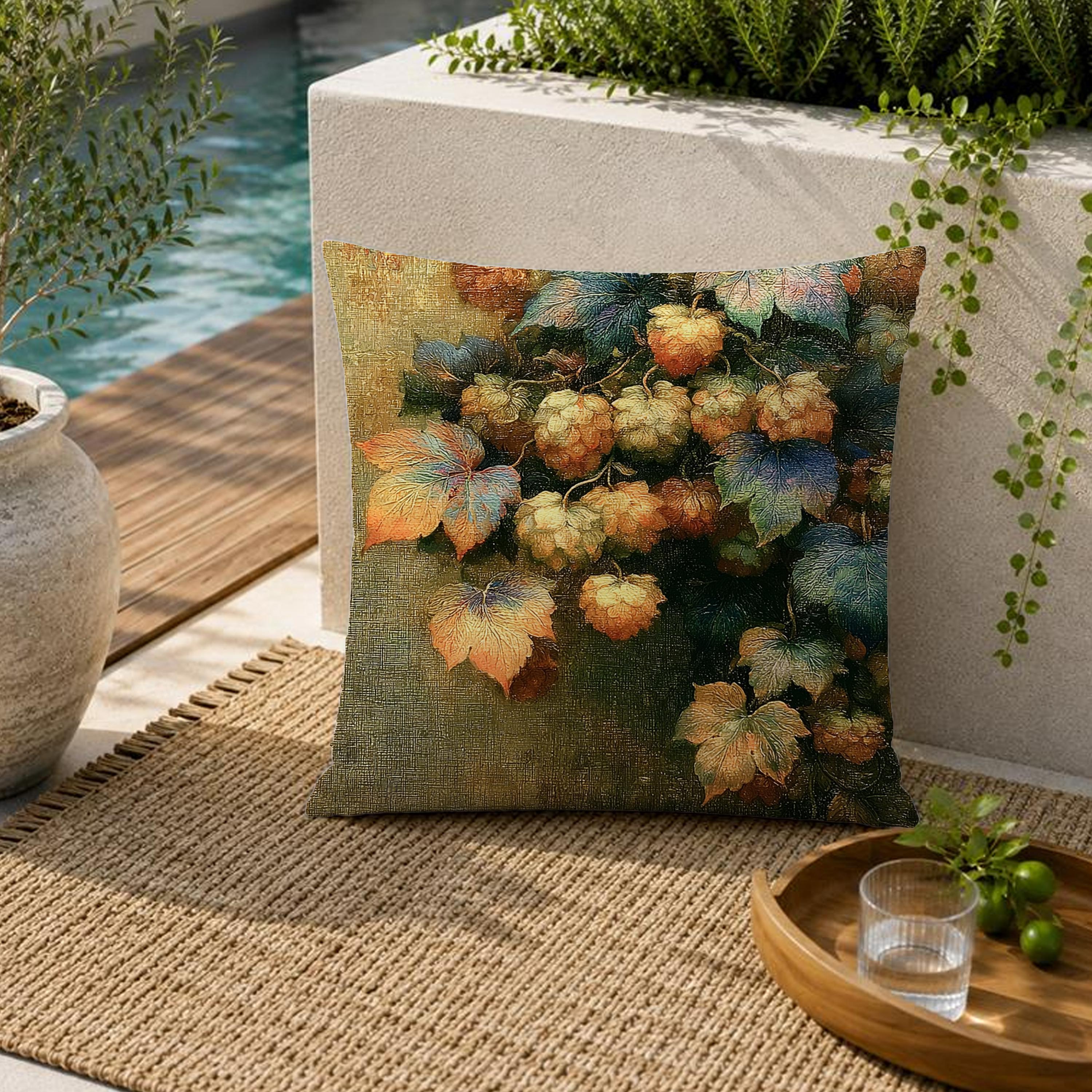 Hops Vine Outdoor Pillow, Botanical Garden Cushion, Rustic Patio Decor, Neutral Porch Pillow, Nature Inspired Pillowcase