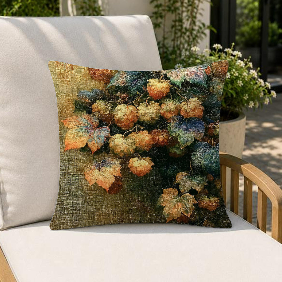 Hops Vine Outdoor Pillow, Botanical Garden Cushion, Rustic Patio Decor, Neutral Porch Pillow, Nature Inspired Pillowcase