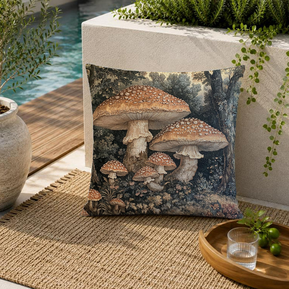 Mushroom Outdoor Pillow, Woodland Forest Cushion, Cottagecore Patio Decor, Rustic Nature Porch Pillow, Botanical Pillowcase