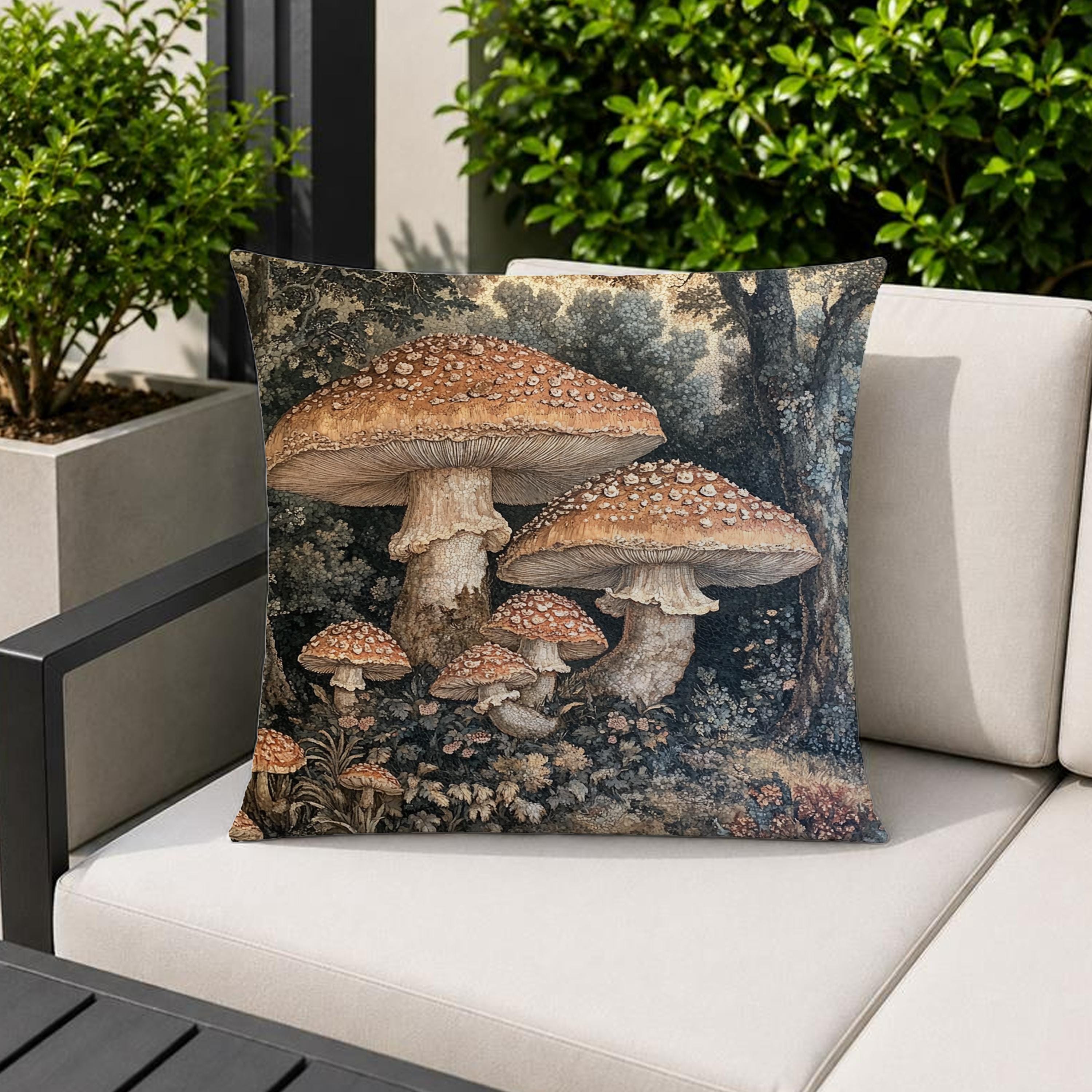 Mushroom Outdoor Pillow, Woodland Forest Cushion, Cottagecore Patio Decor, Rustic Nature Porch Pillow, Botanical Pillowcase