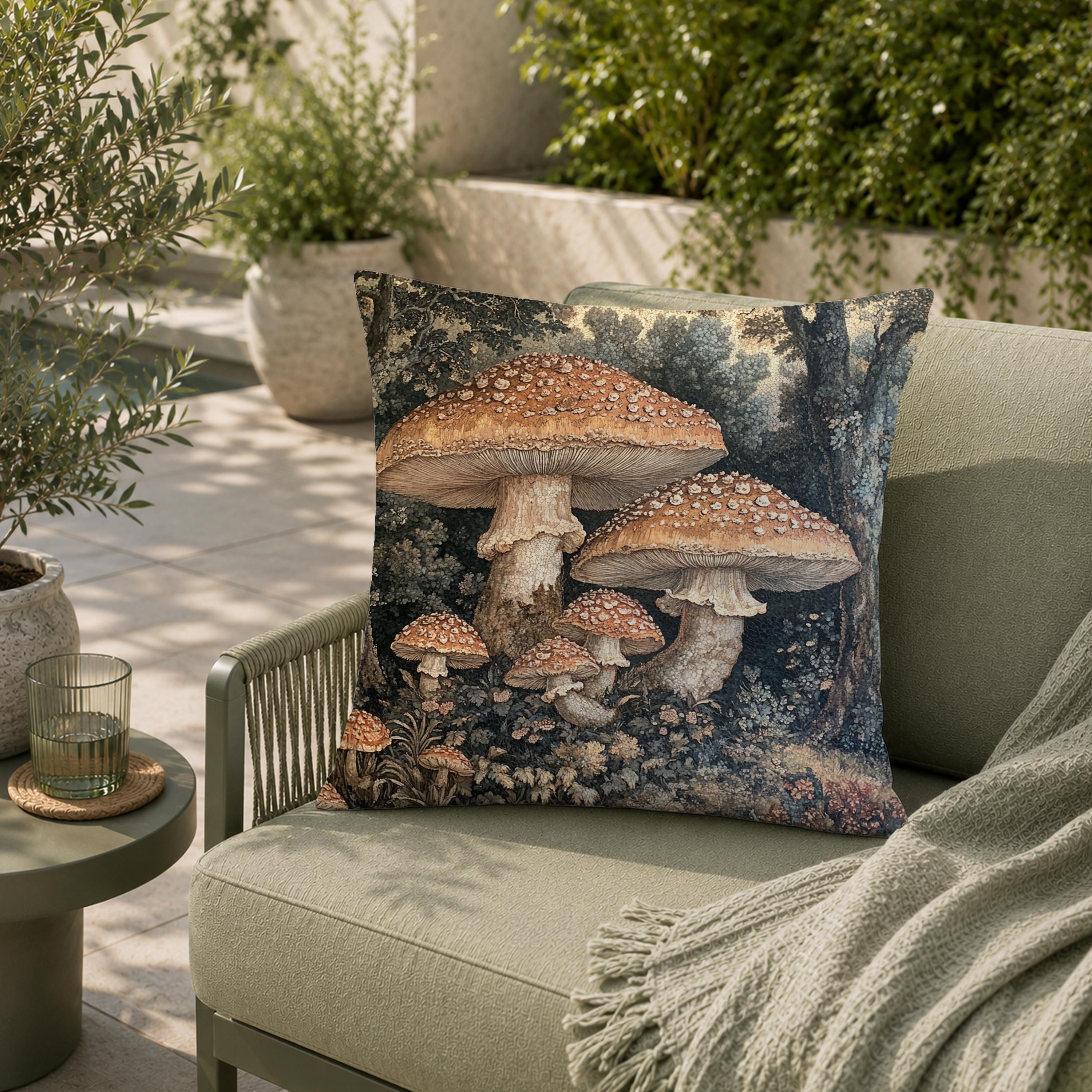 Mushroom Outdoor Pillow, Woodland Forest Cushion, Cottagecore Patio Decor, Rustic Nature Porch Pillow, Botanical Pillowcase