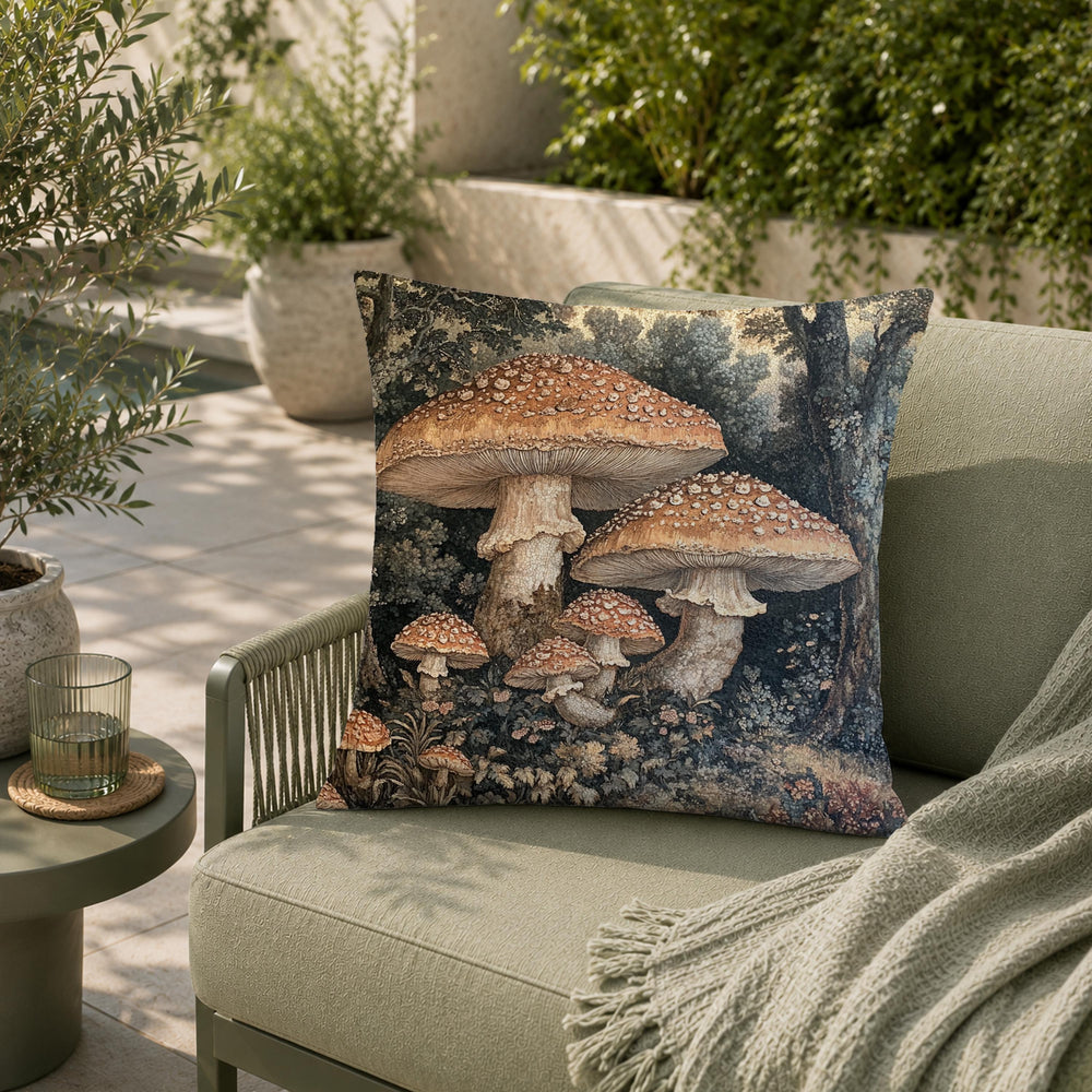 Mushroom Outdoor Pillow, Woodland Forest Cushion, Cottagecore Patio Decor, Rustic Nature Porch Pillow, Botanical Pillowcase