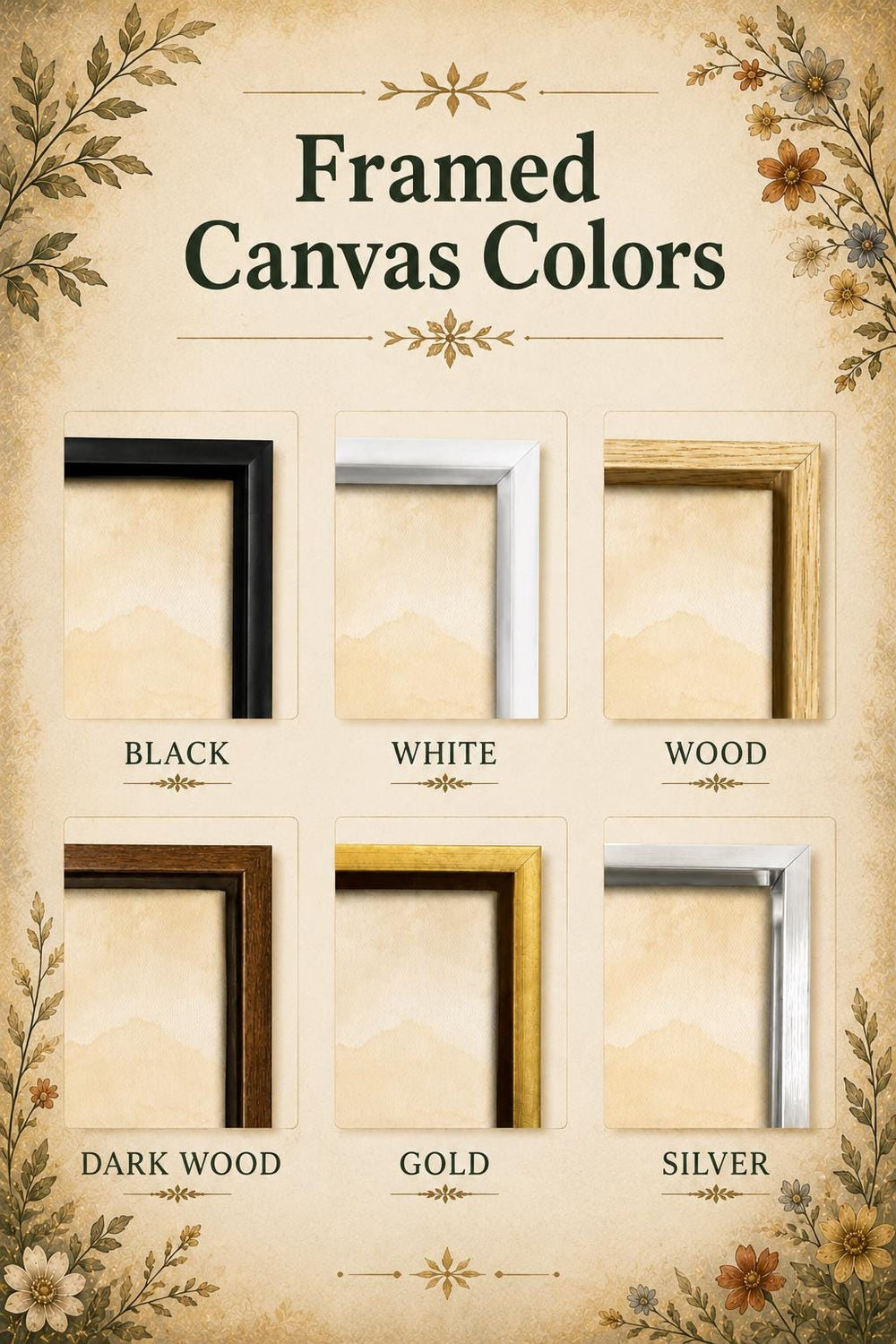 a collection of six different framed canvas colors, each with a distinct finish: black, white, wood, dark wood, gold, and silver.